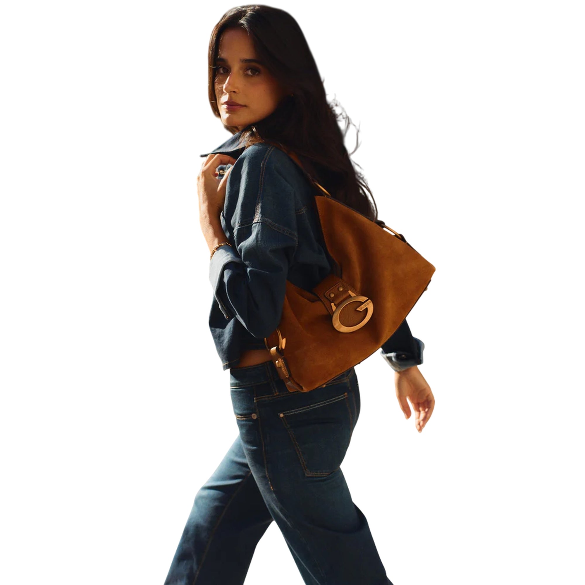 Borsa a spalla Camden in pelle scamosciata marrone modella