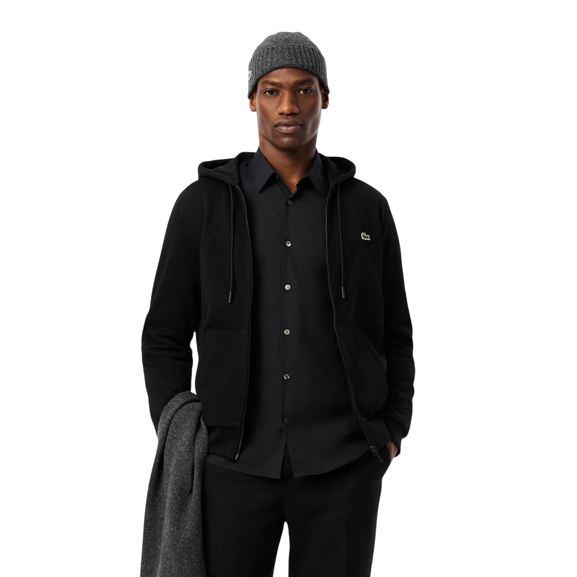 Felpa Uomo Nera full zip, in pile con coccodrillo sul petto