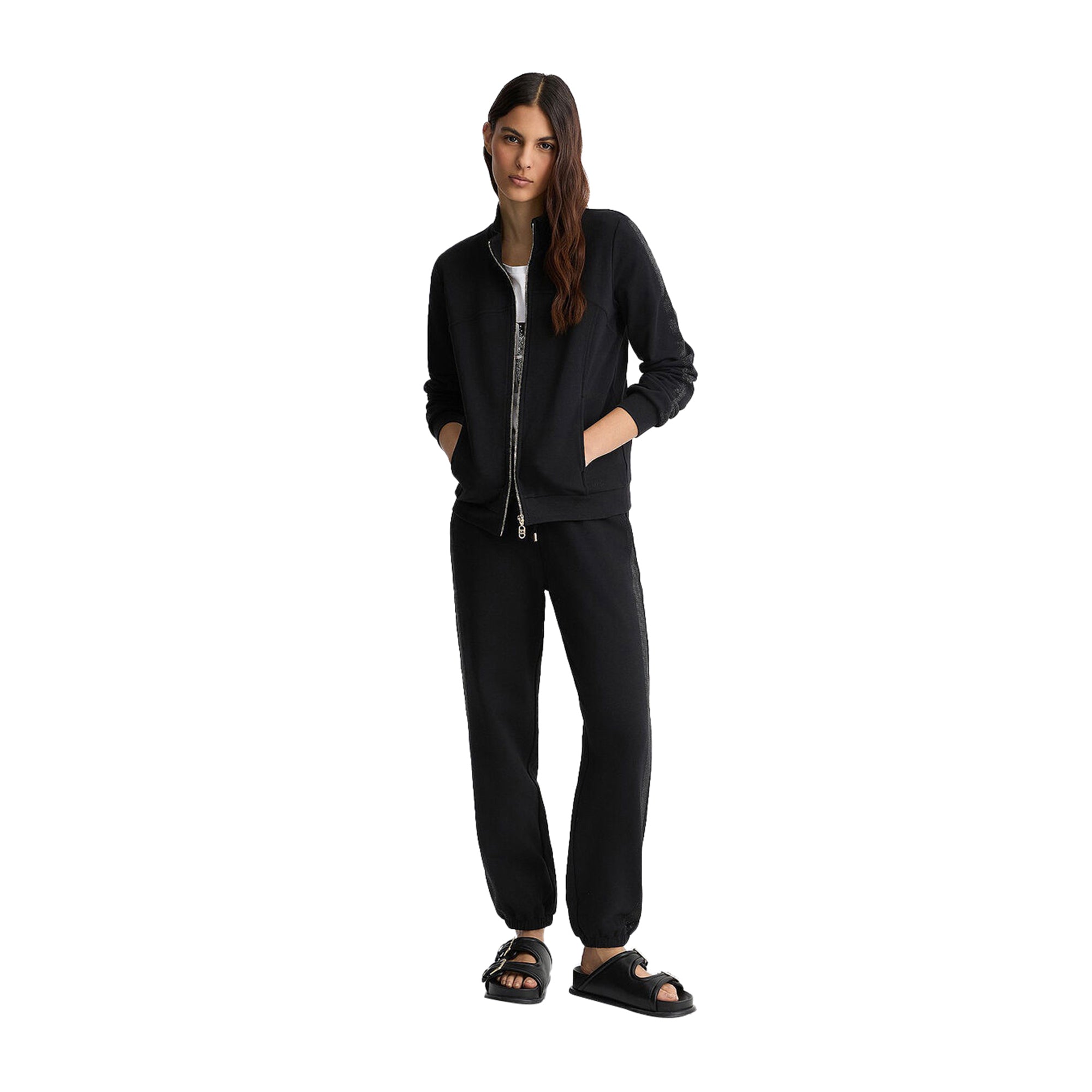 Felpa Donna con zip e strass Nero modella intera frontale