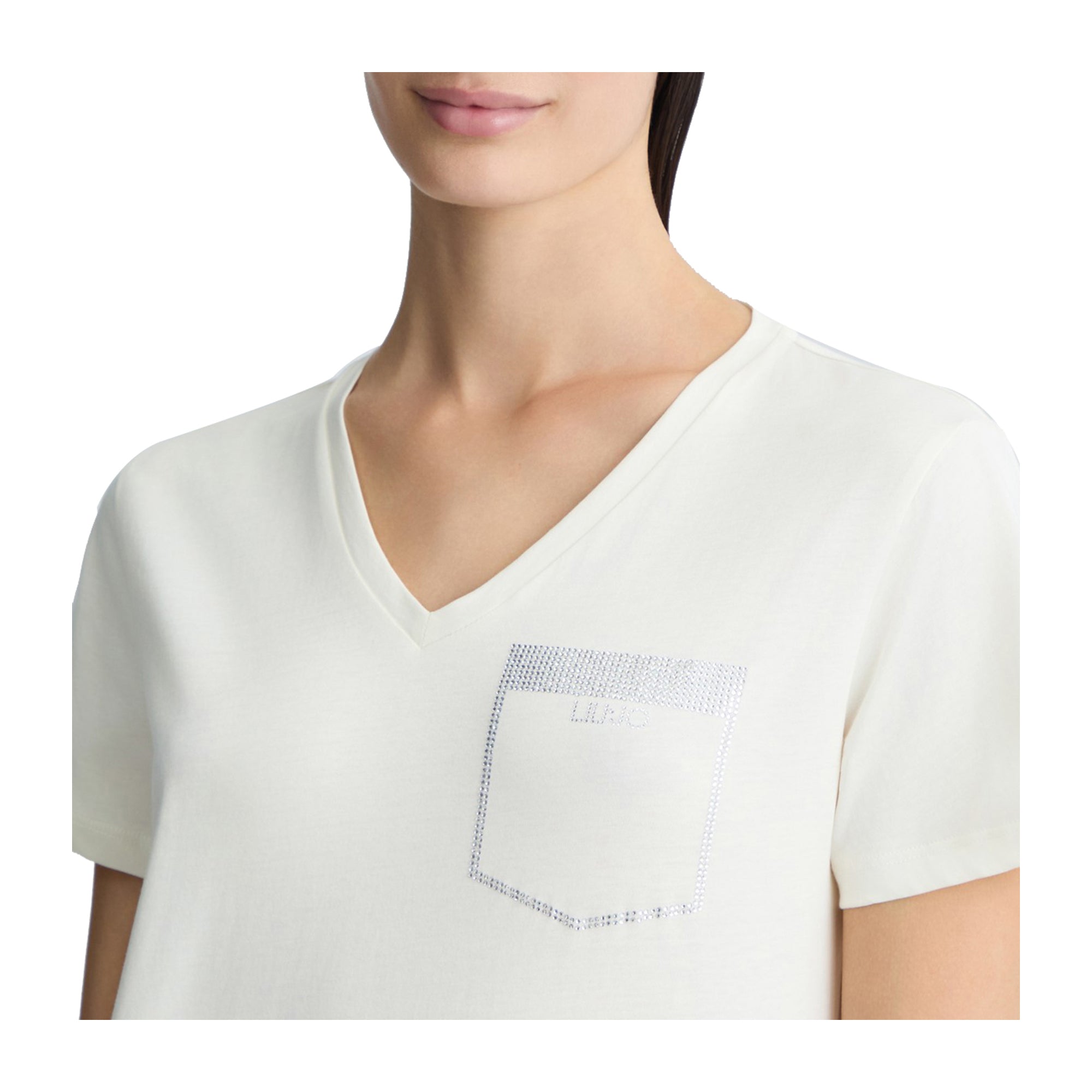 T-shirt Bianca da Donna con taschino strass modella frontale ravvicinata