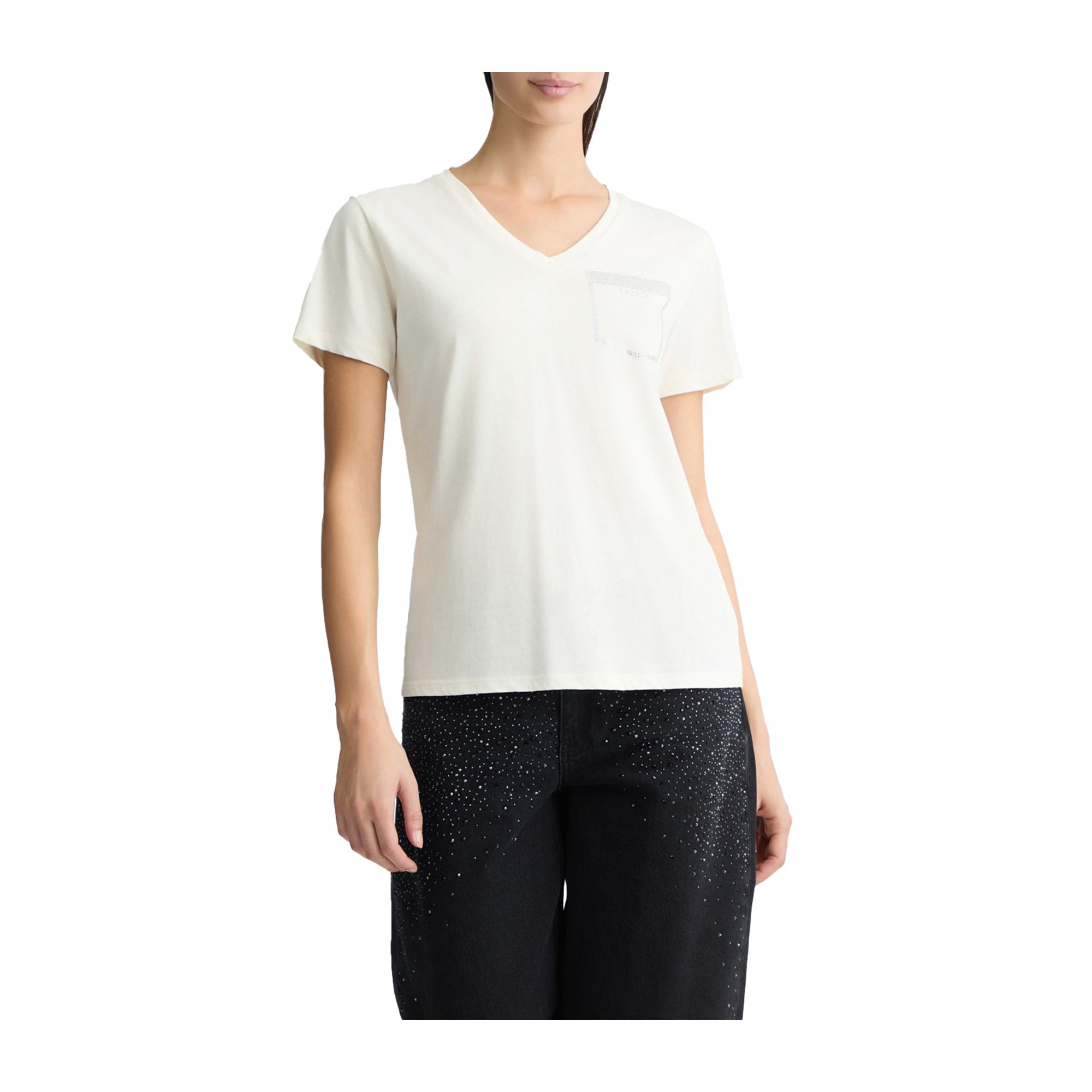 T-shirt Bianca da Donna con taschino strass modella frontale
