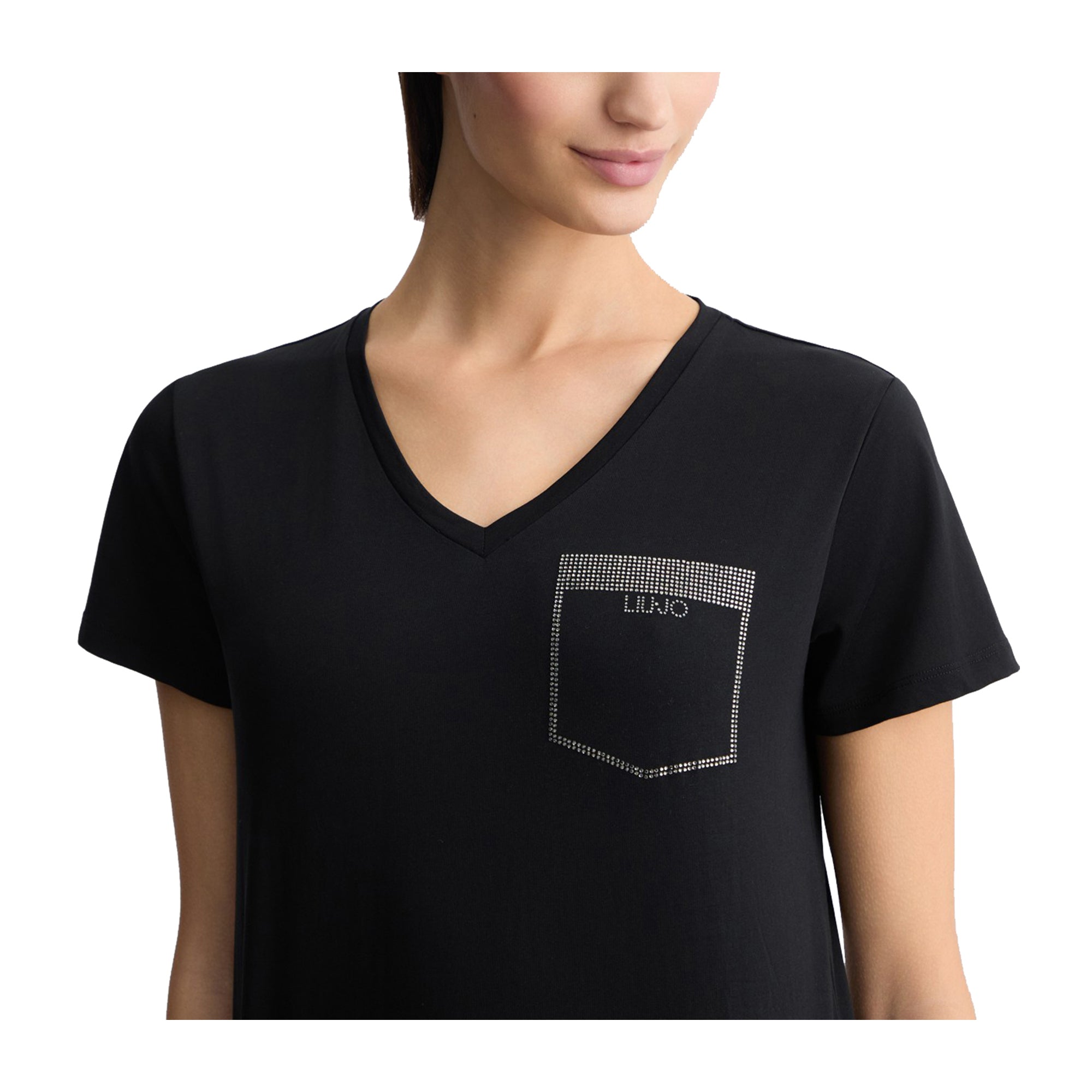 T-shirt Donna taschino strass Nero modella frontale ravvicinata