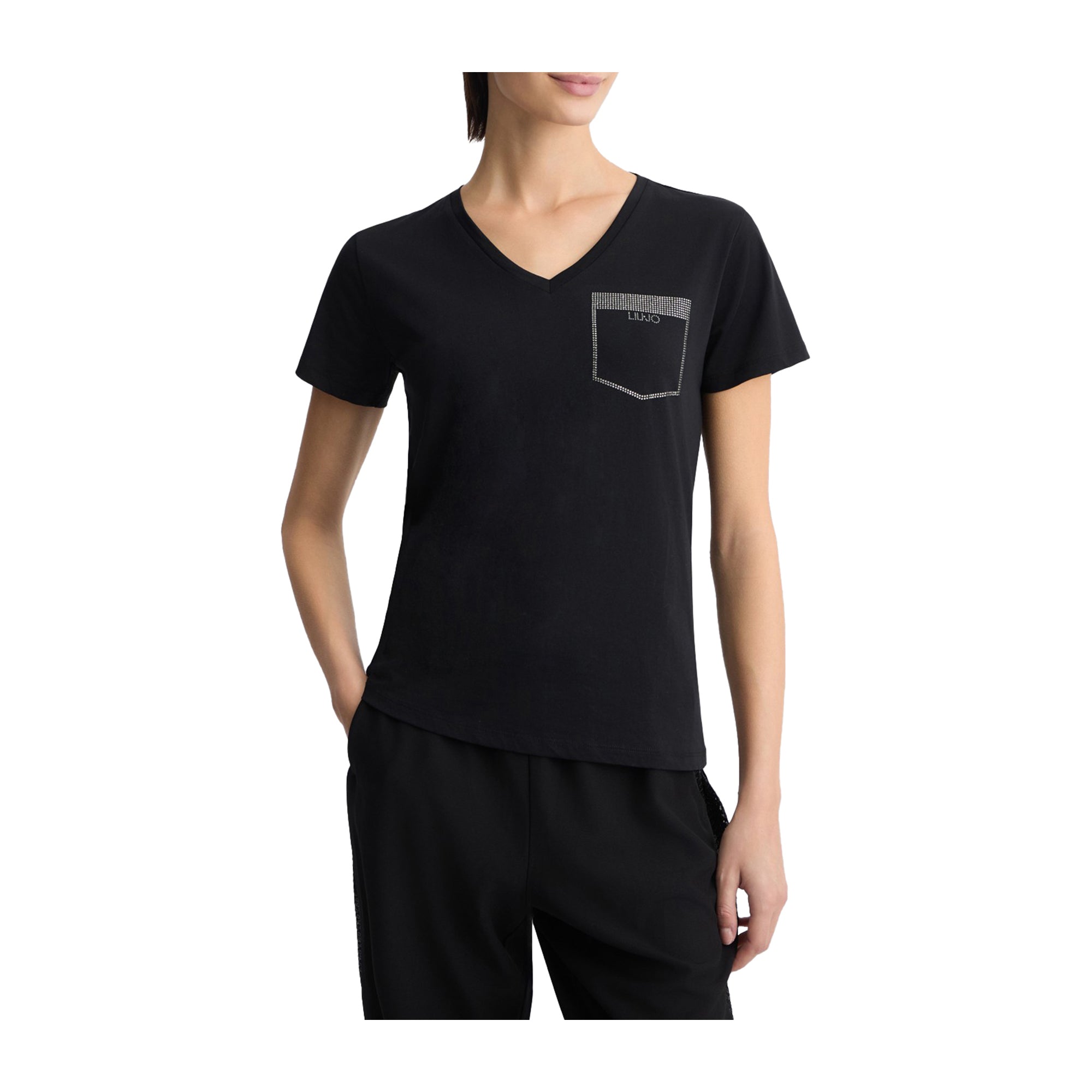 T-shirt Donna taschino strass Nero modella frontale