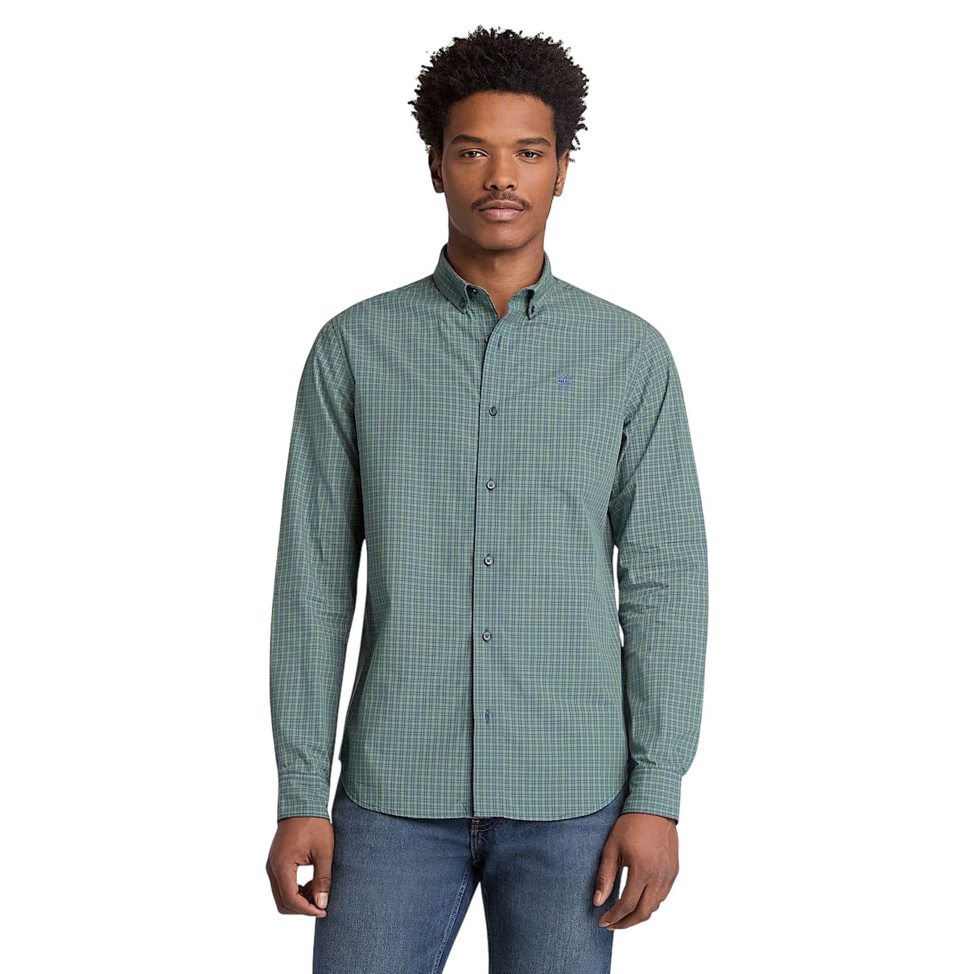 Camicia in cotone a micro quadri da uomo in verde scuro