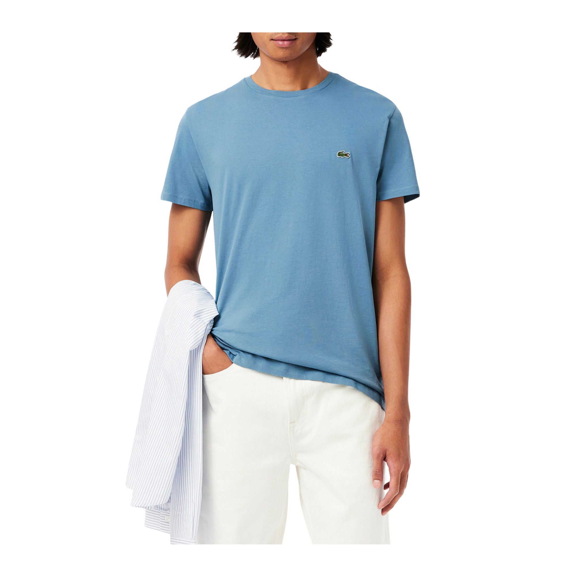 T-shirt Uomo Celeste, con scollatura girocollo e l'iconico coccodrillo verde ricamato