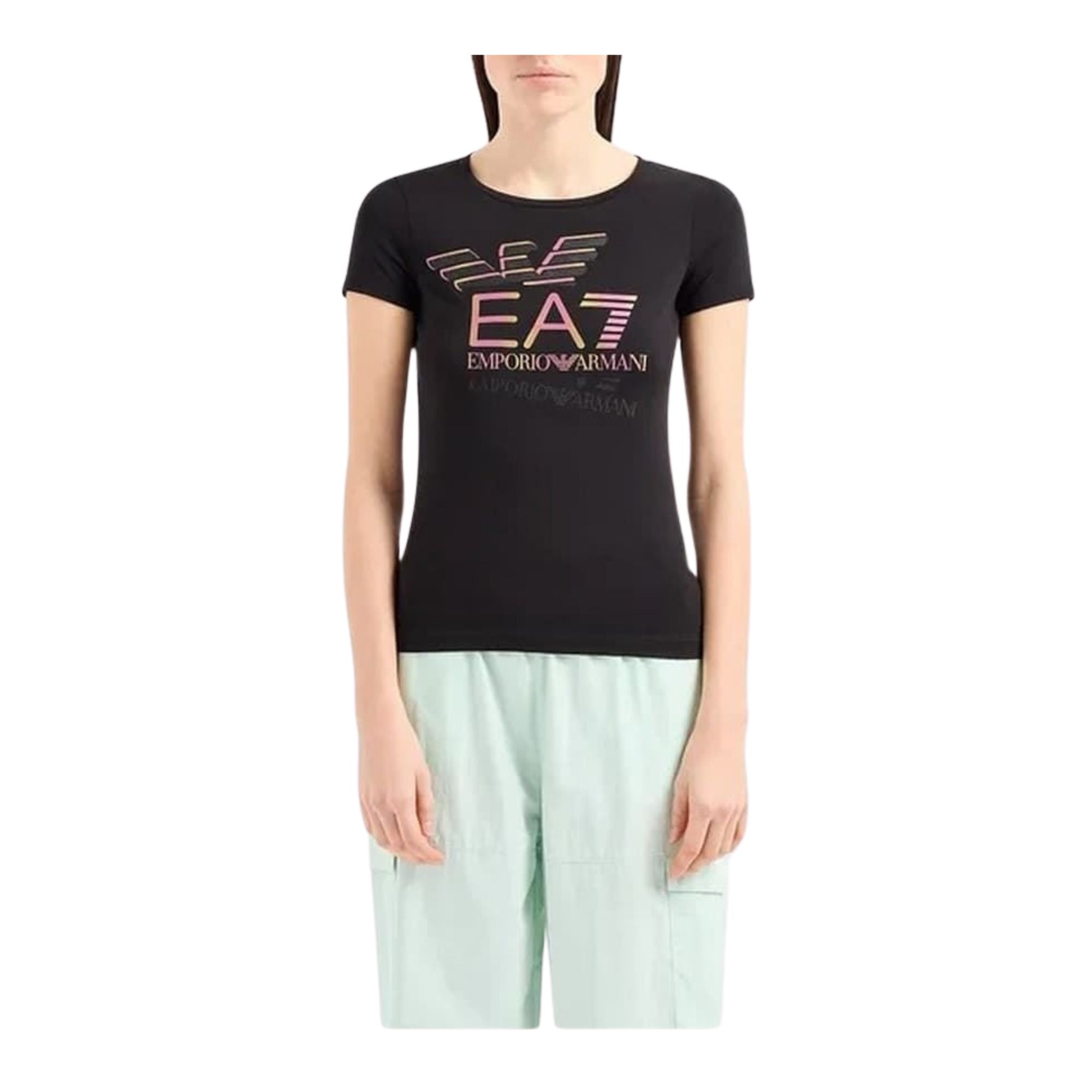 T-shirt girocollo nera da donna con logo modella frontale