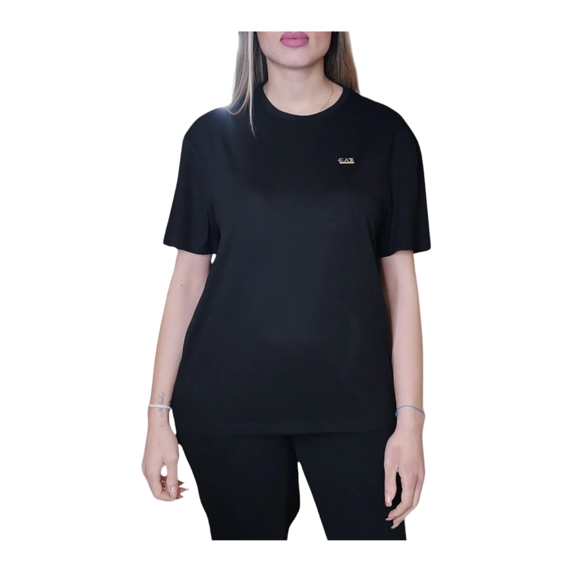 T-shirt Basic Nera da donna con logo mini modella frontale