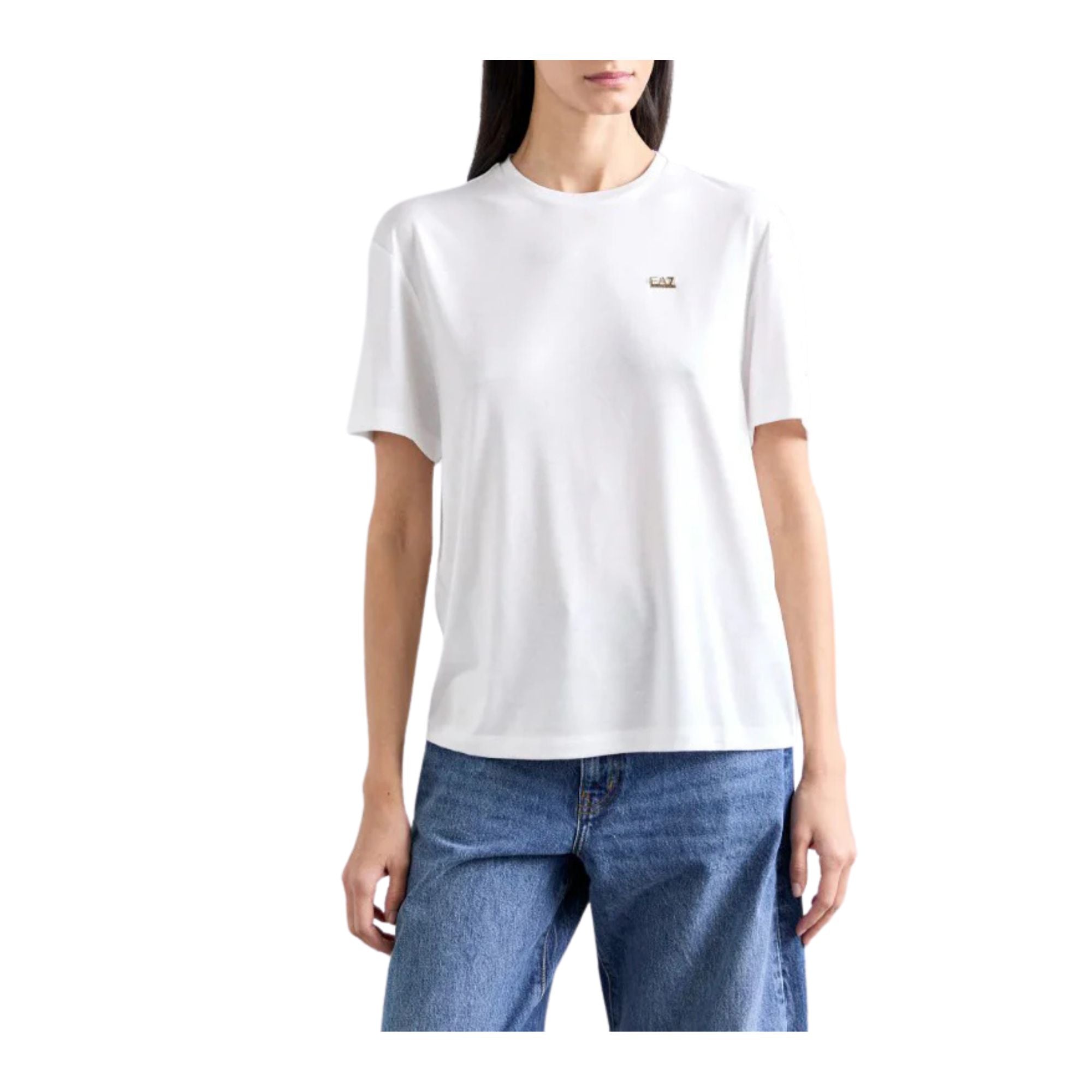 T-shirt Basic Bianca da donna con logo mini modella frontale