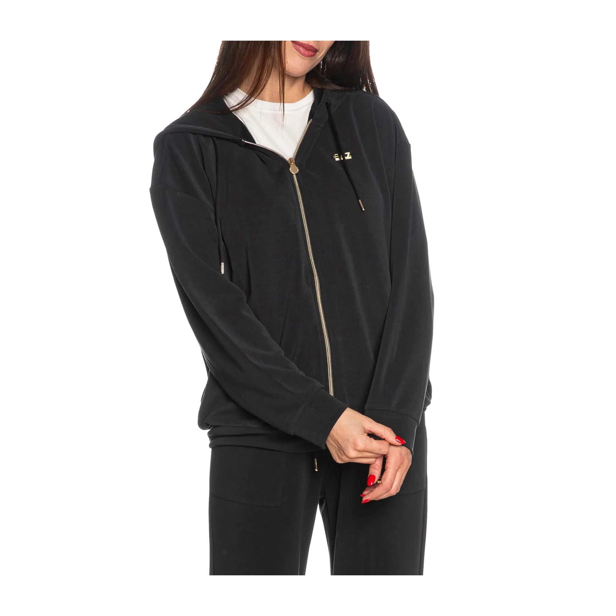 Felpa Donna con zip frontale, cappuccio e logo metallico sul petto