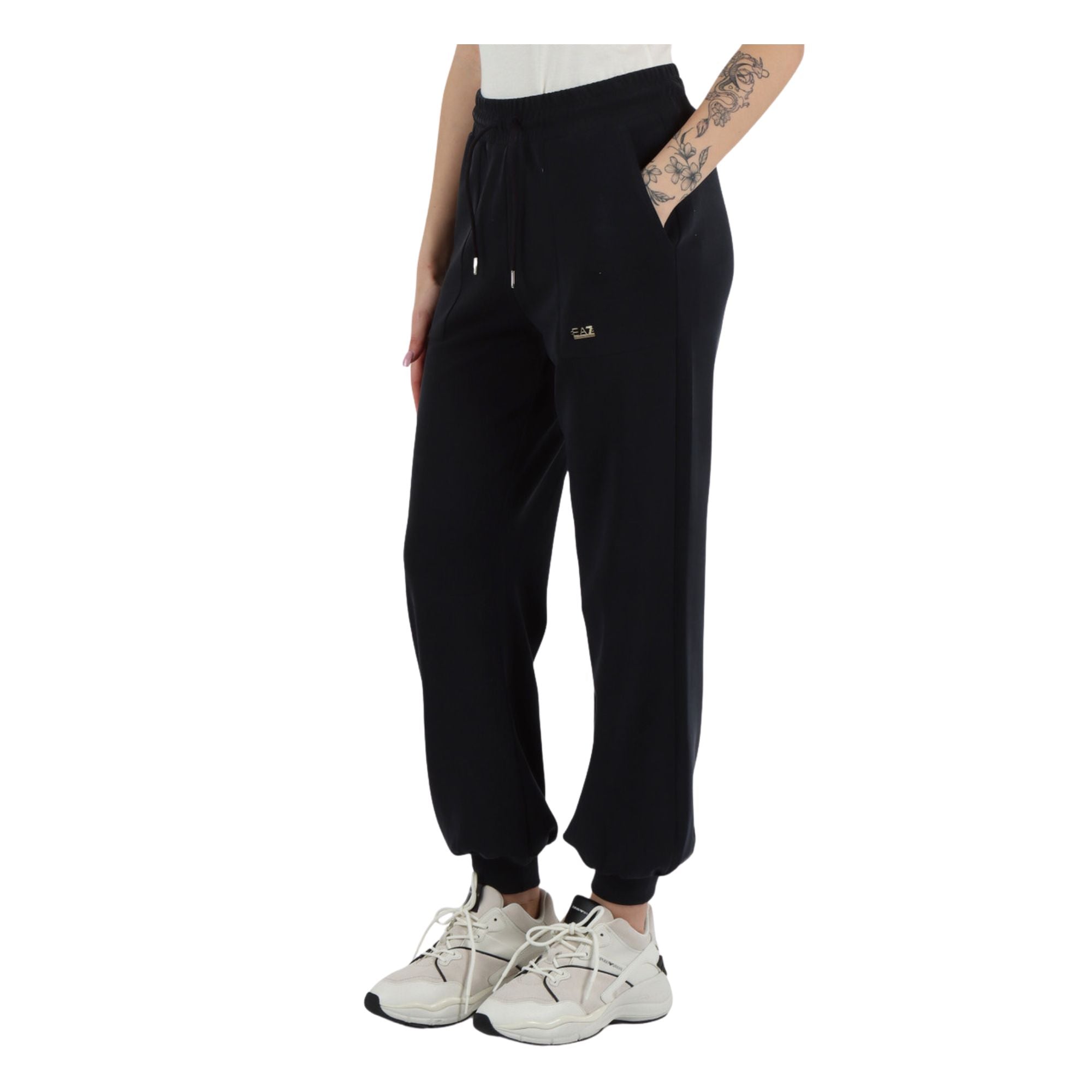 Pantaloni da donna neri con placca mini logo
