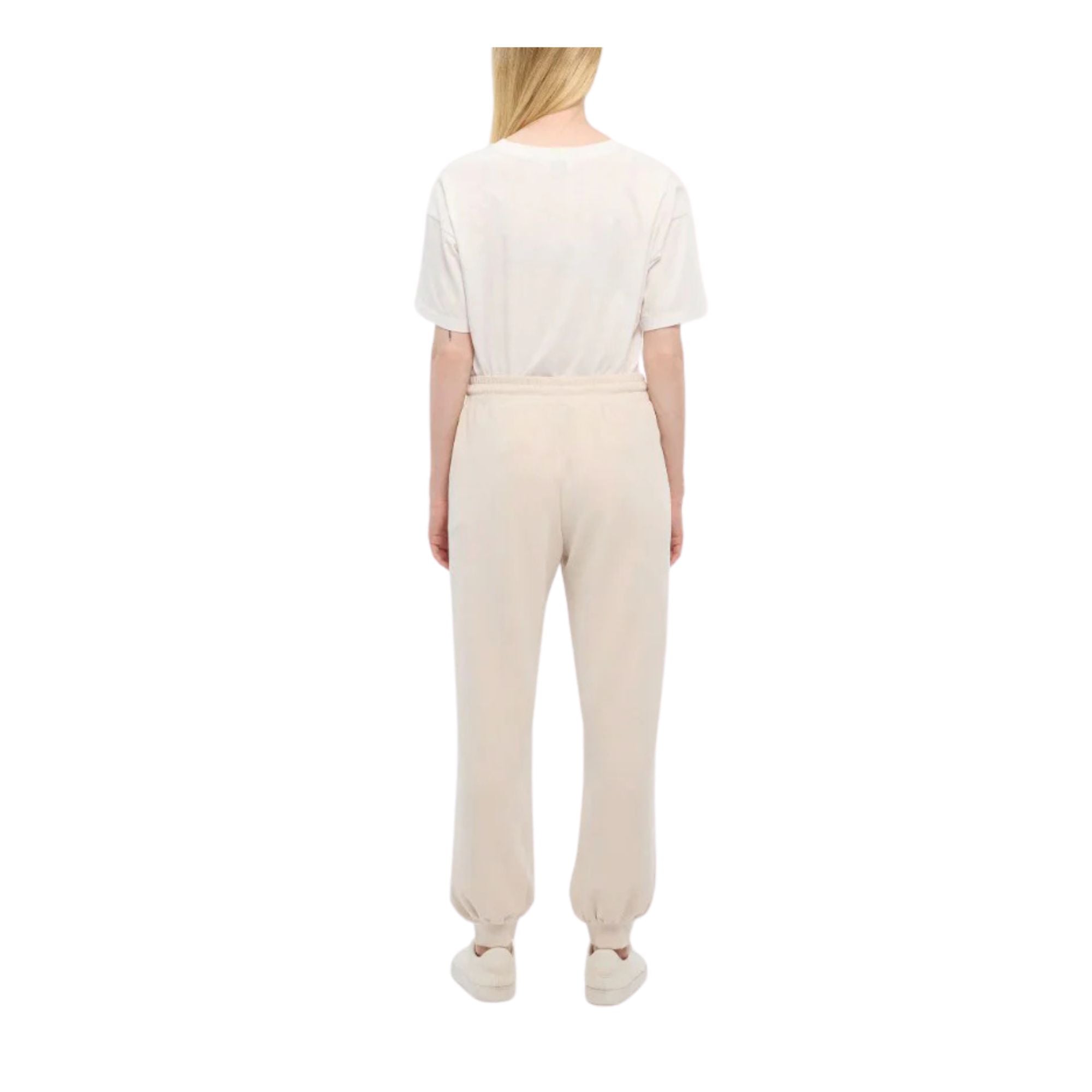 Pantaloni da donna beige con placca mini logo modella retro