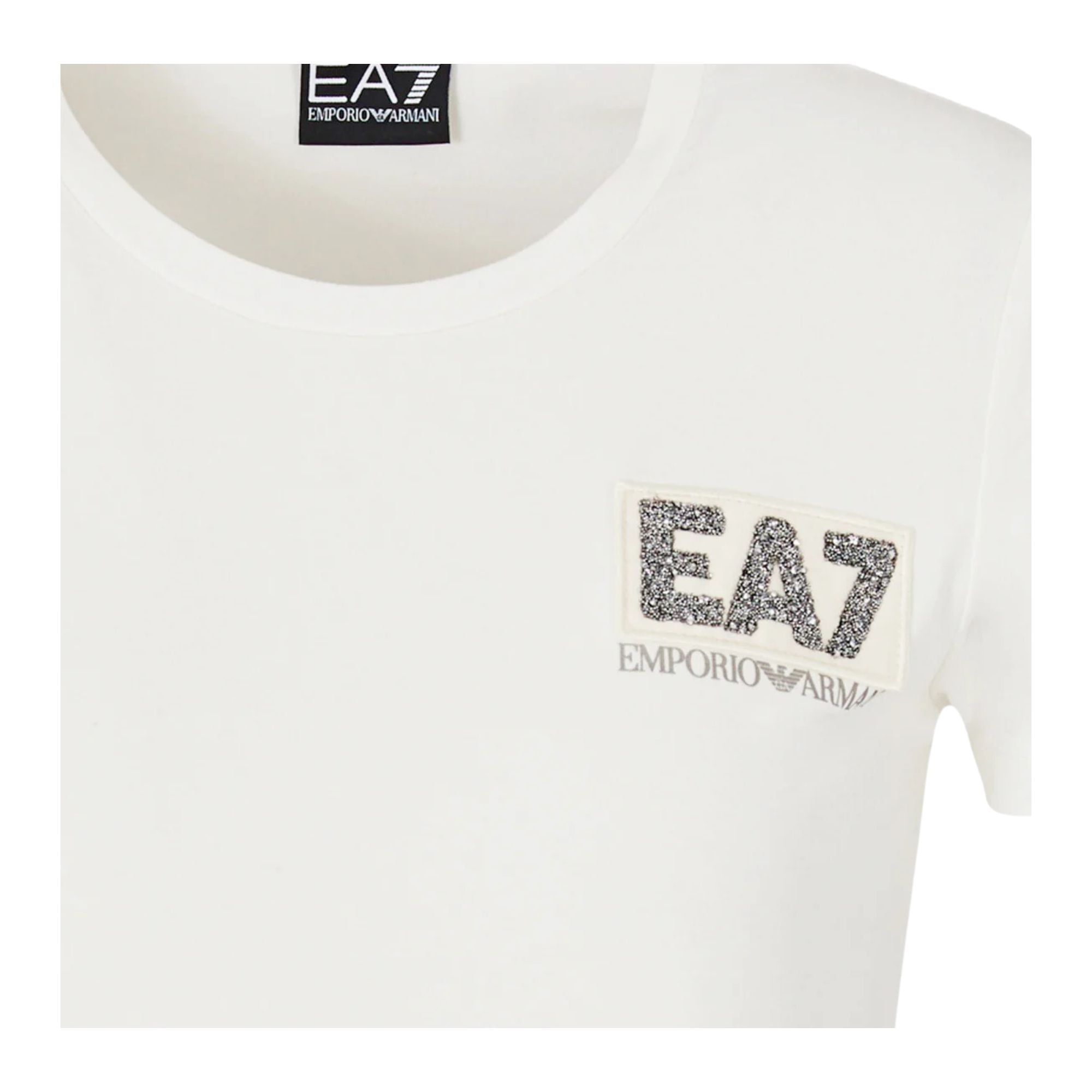 T-shirt bianca donna con logo EA7 strass dettaglio logo