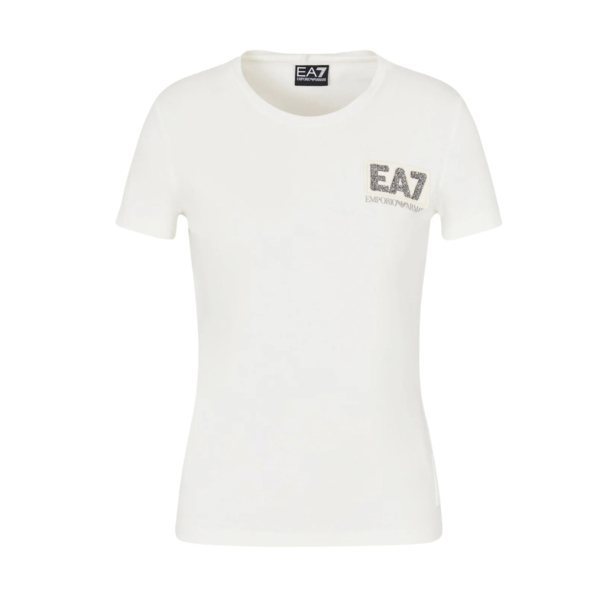 T-shirt bianca donna con logo EA7 strass
