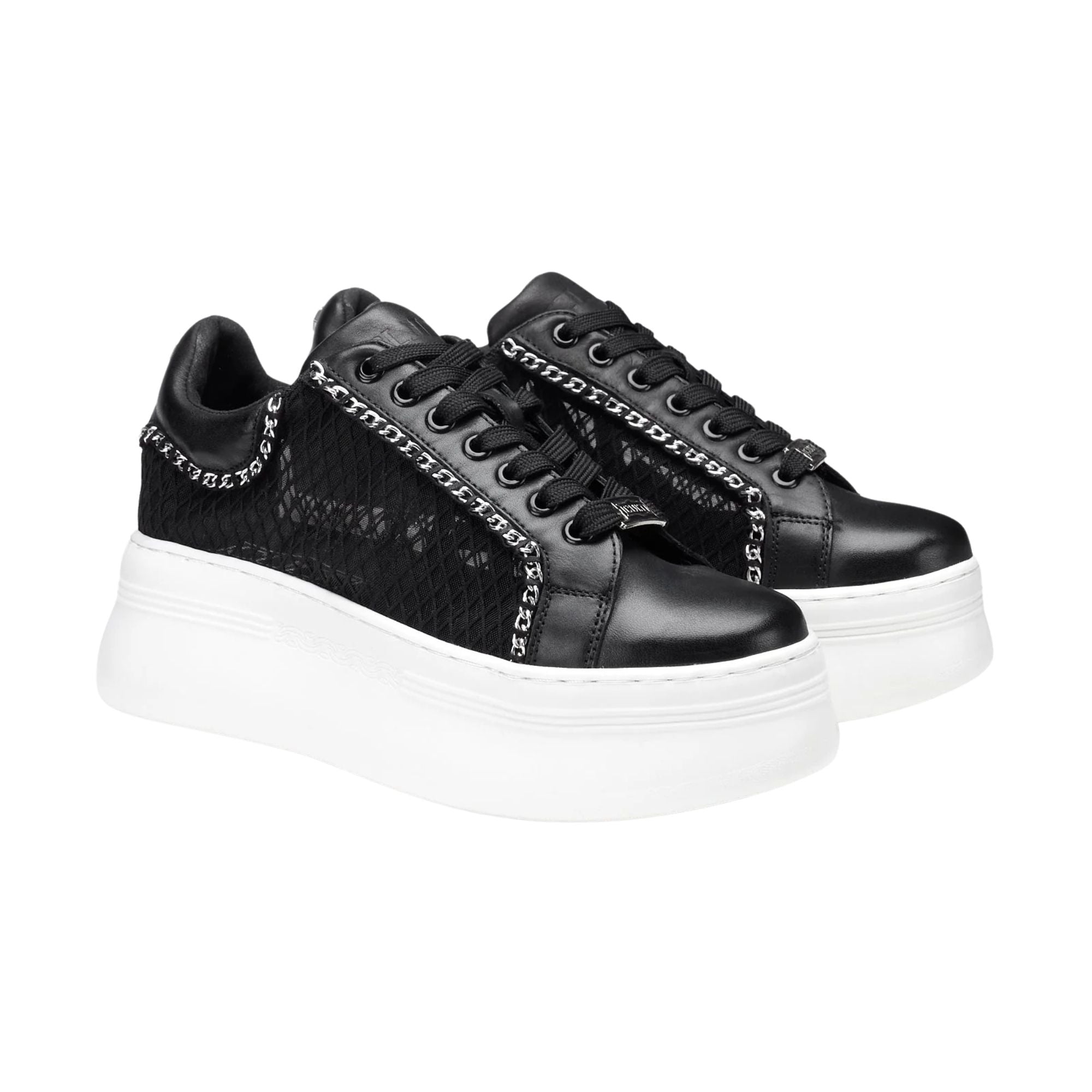 Sneakers Donna Nera con catena argentata decorativa e suola platform