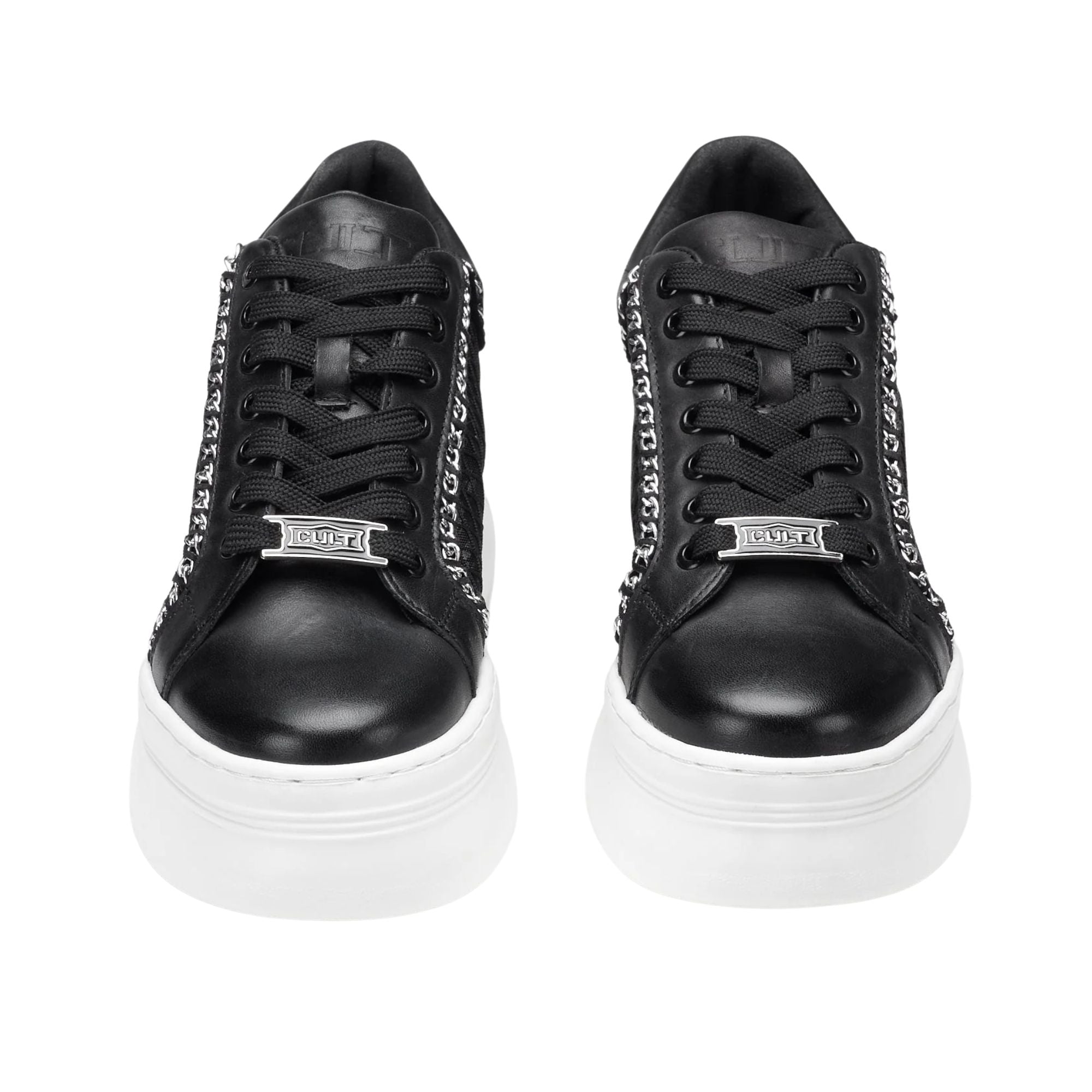 Sneakers Donna Nera con catena argentata decorativa e suola platform