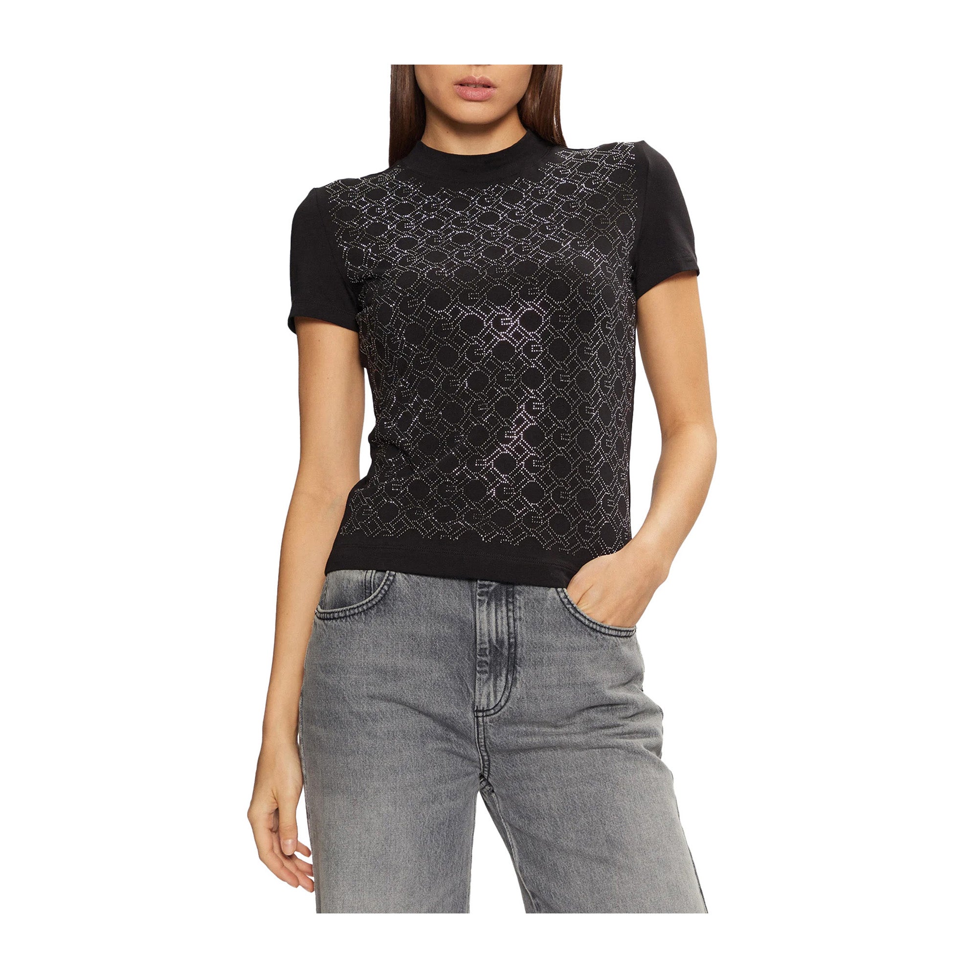 Guess T-shirt Donna con logo chain all over Nero