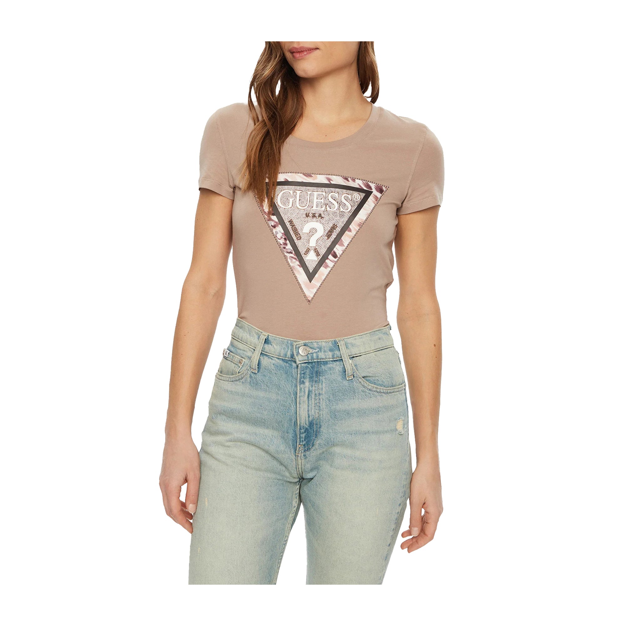 Guess T-shirt Donna Marrone con triangolo animalier