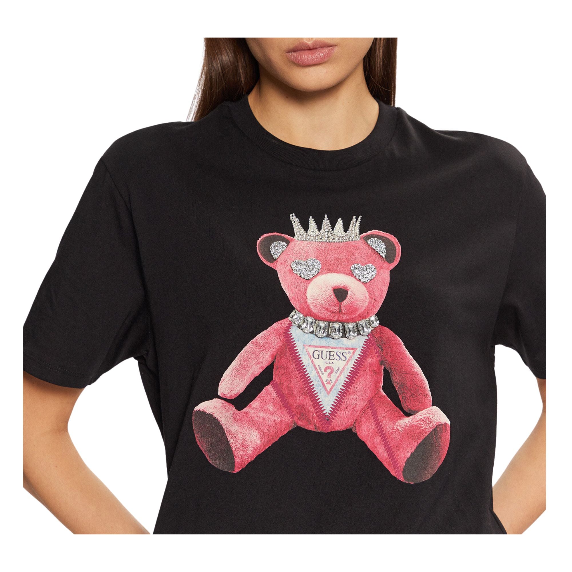 Guess T-shirt Donna con stampa orso frontale modella frontale ravvicinata