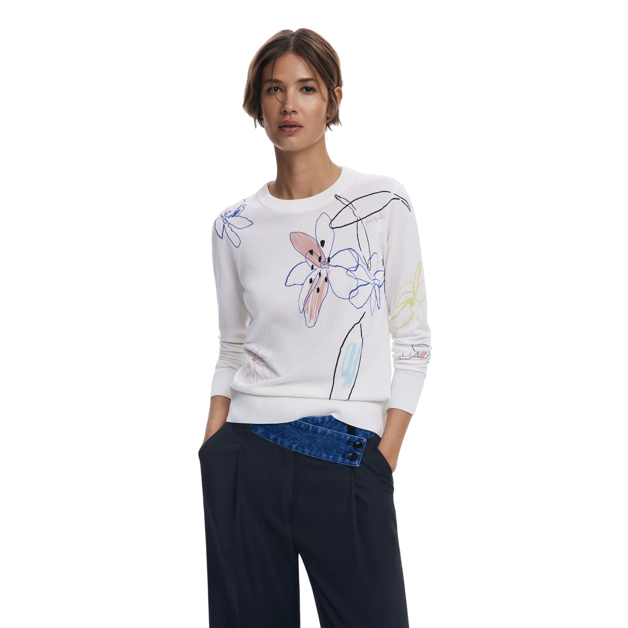 Maglia Donna Bianca, in misto viscosa e fantasia floreale a contrasto