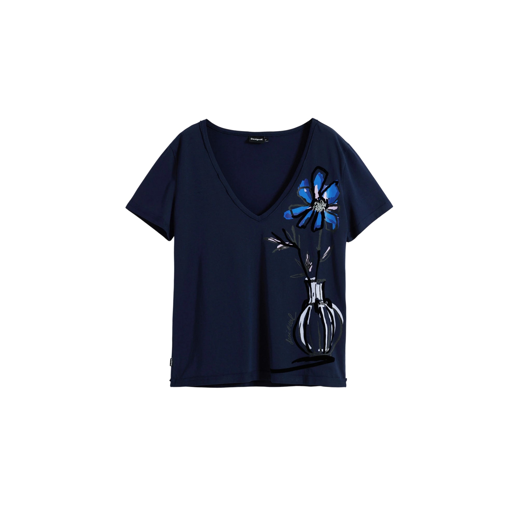 T-shirt Donna Blu, con una scollatura a V e grafica con vaso