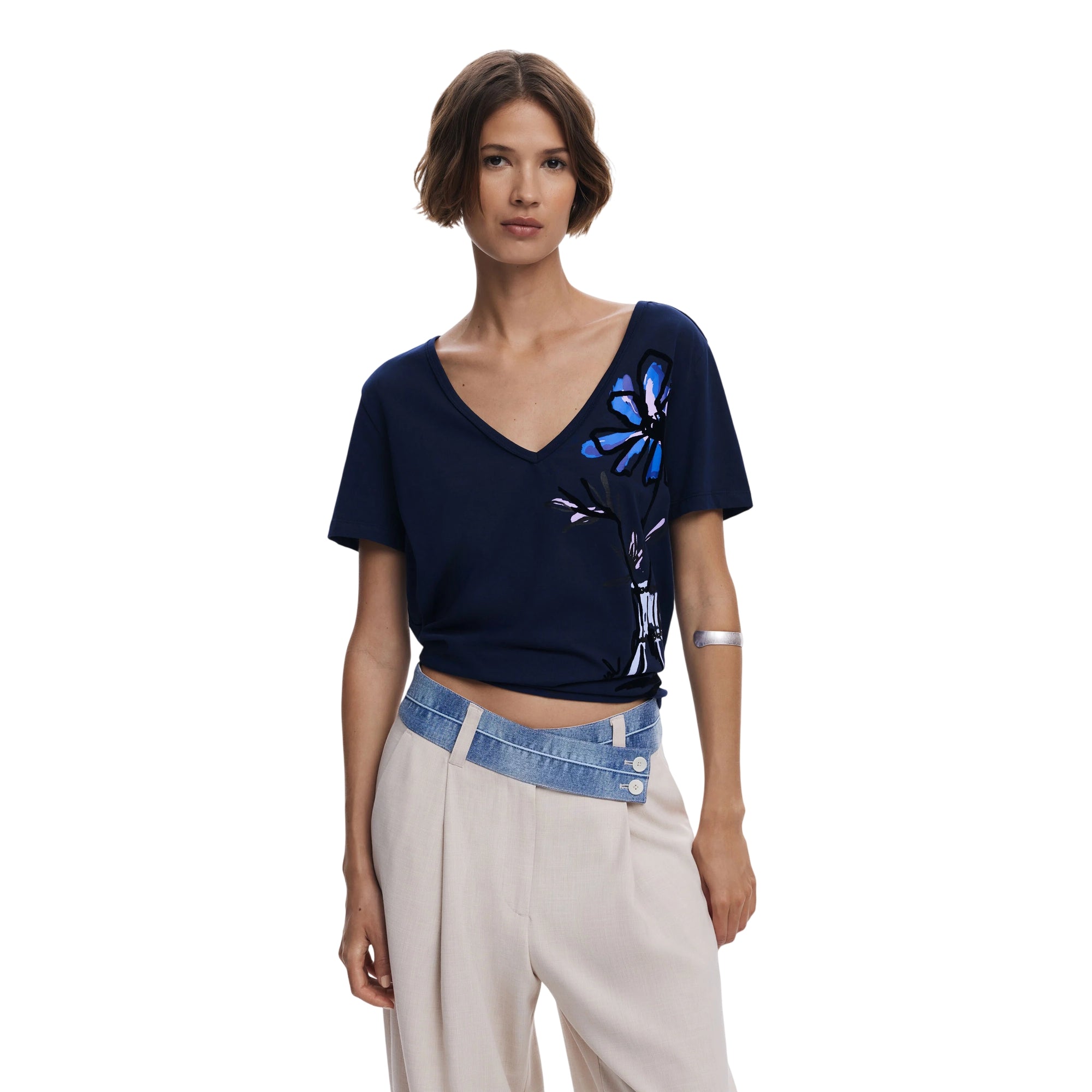 T-shirt Donna Blu, con una scollatura a V e grafica con vaso