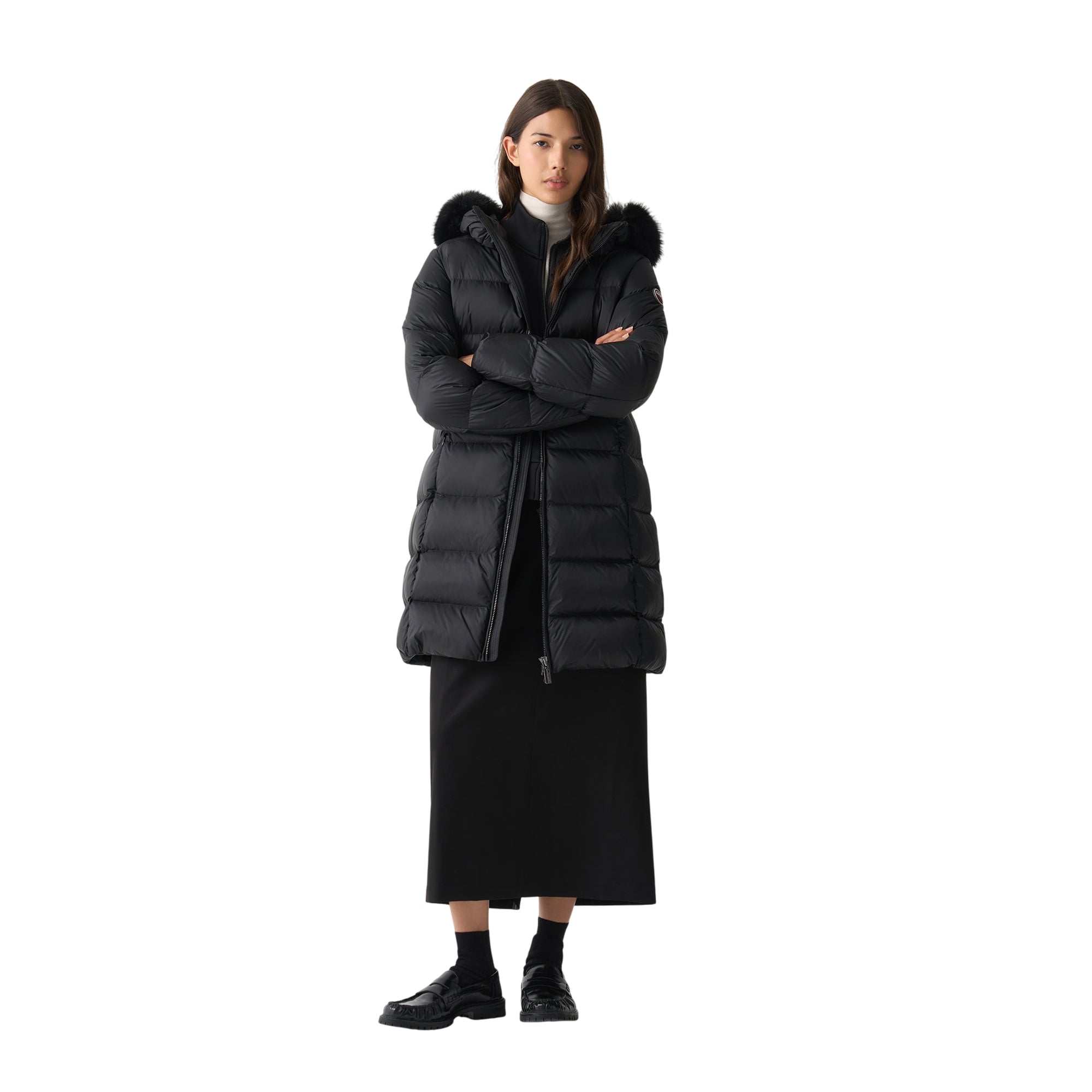 Piumino Donna Lungo Cappuccio e Pelliccia Nero modella frontale intera