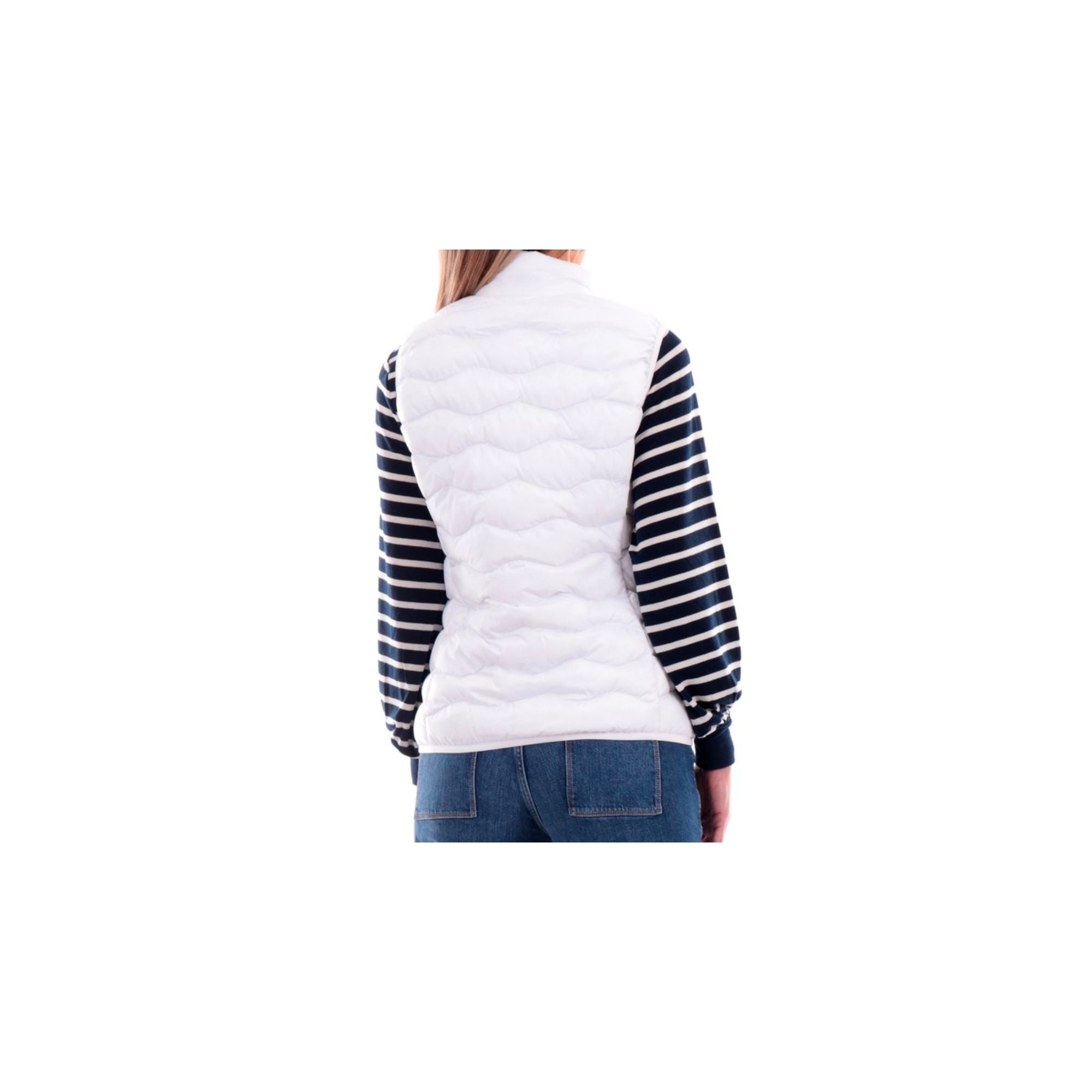 Piumino smanicato Donna con logo tessuto tecnico bianco modella retro