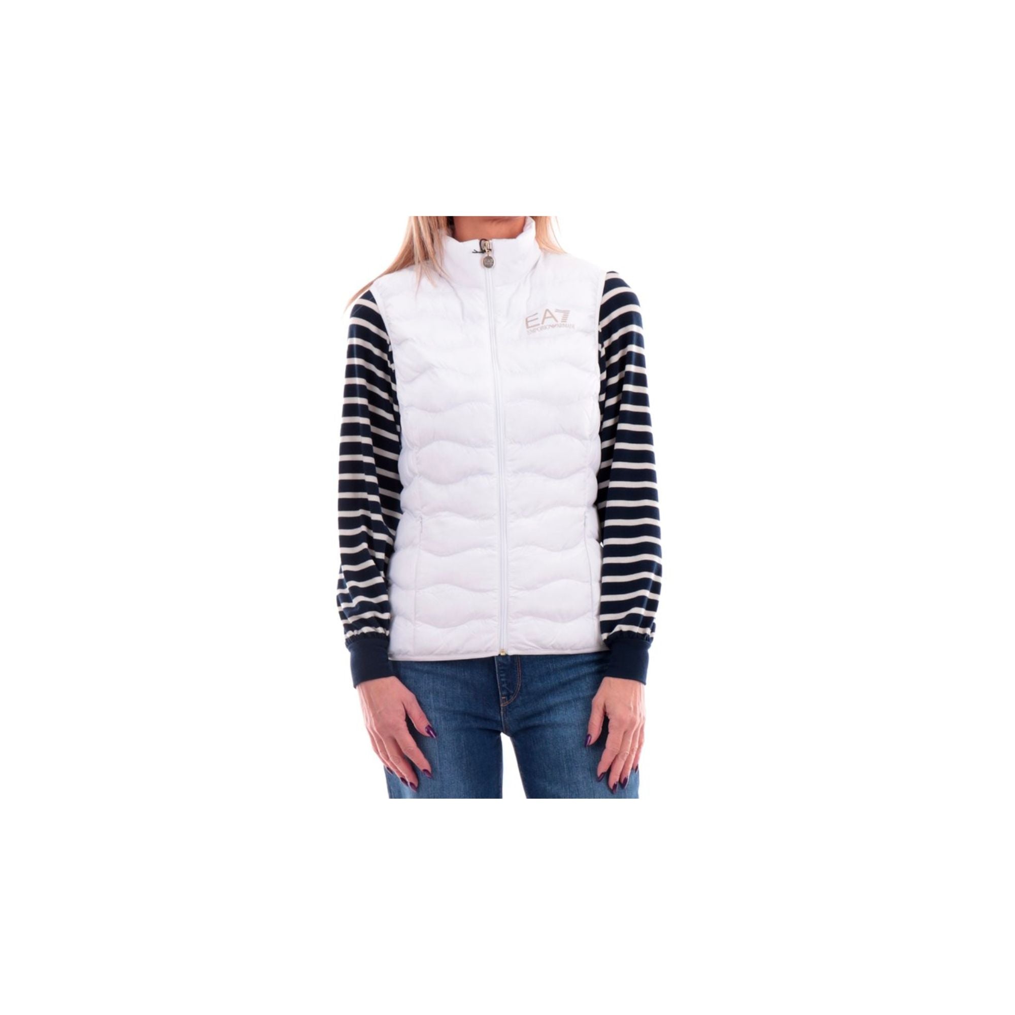 Piumino smanicato Donna con logo tessuto tecnico bianco modella frontale