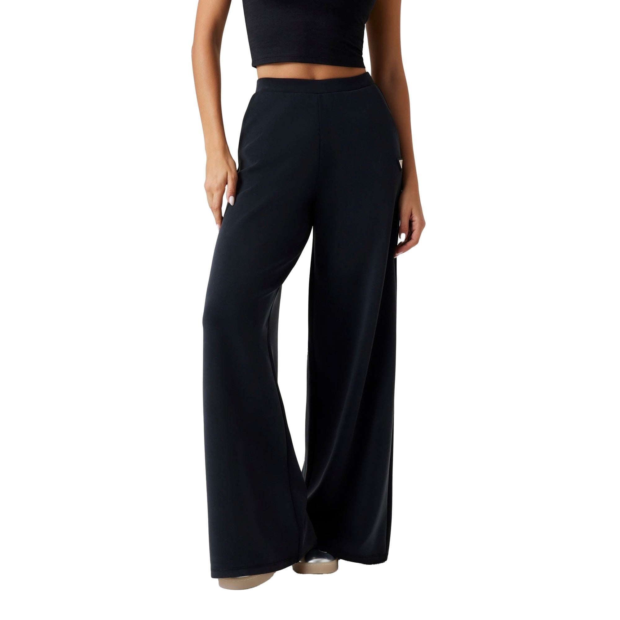 Pantaloni Donna wide leg tinta unita nera modella frontale