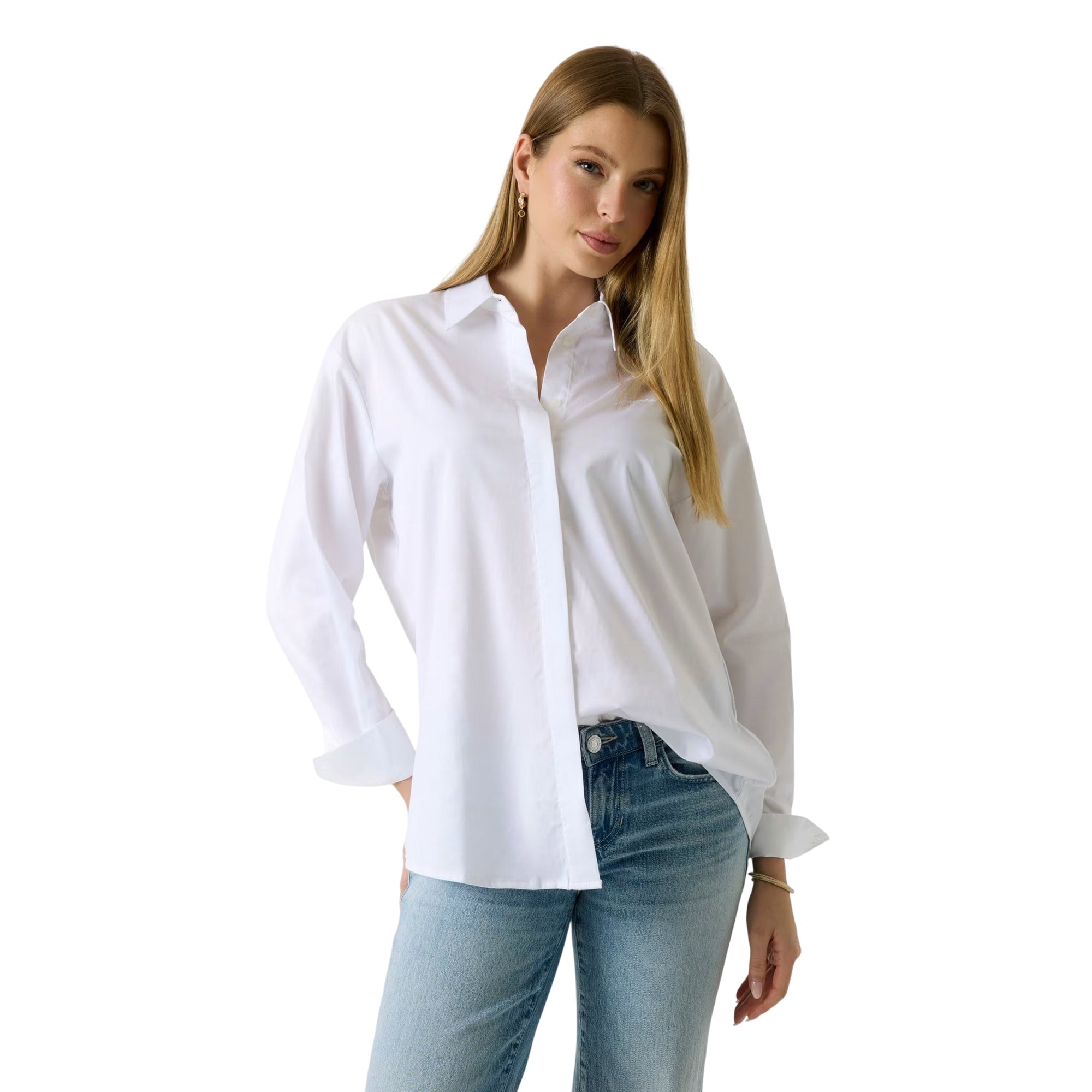 Camicia donna popeline over tinta unita modella frontale