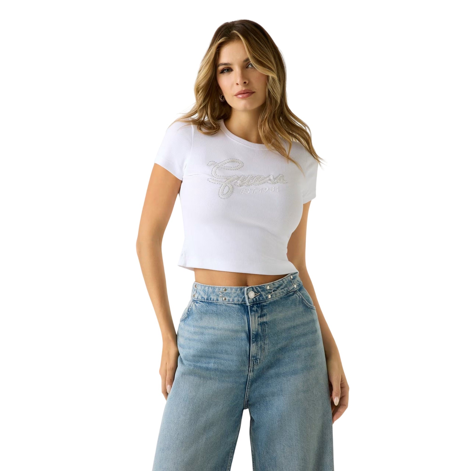 T-shirt donna con logo in strass Bianco