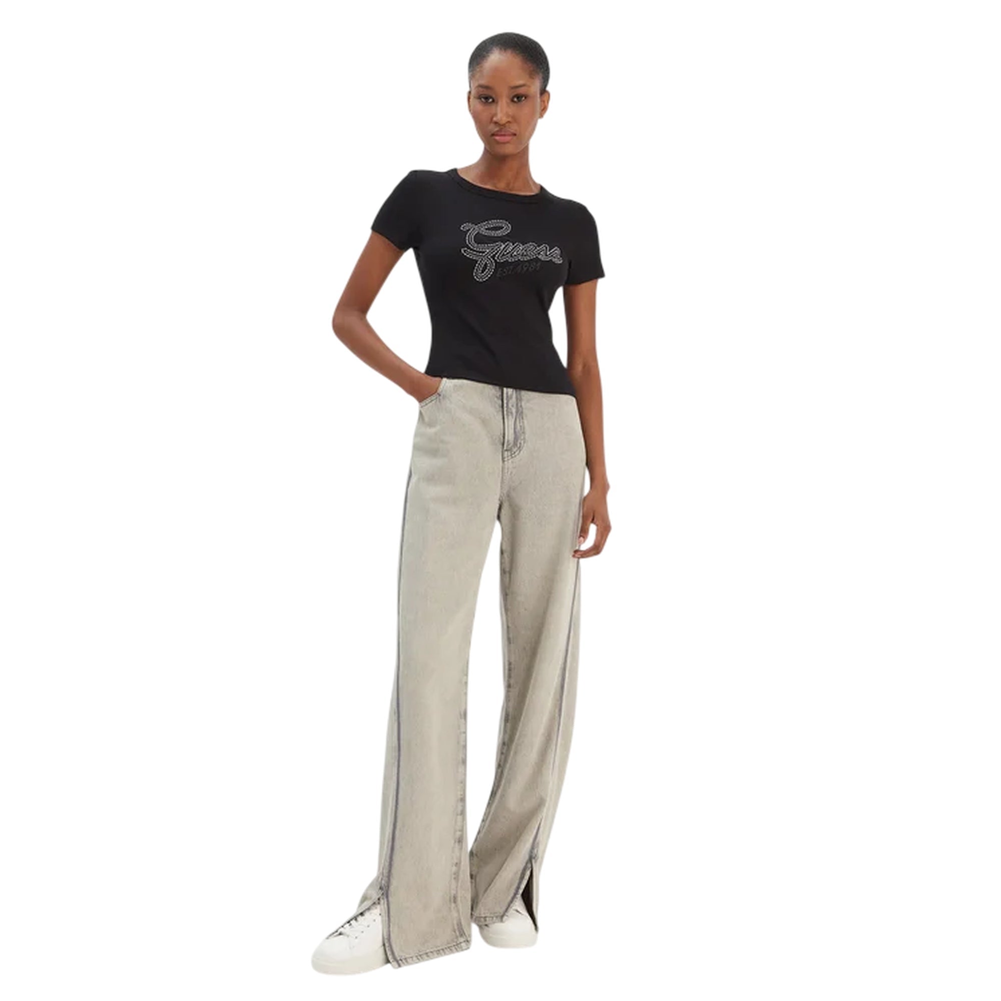 T-shirt donna con logo in strass Nero