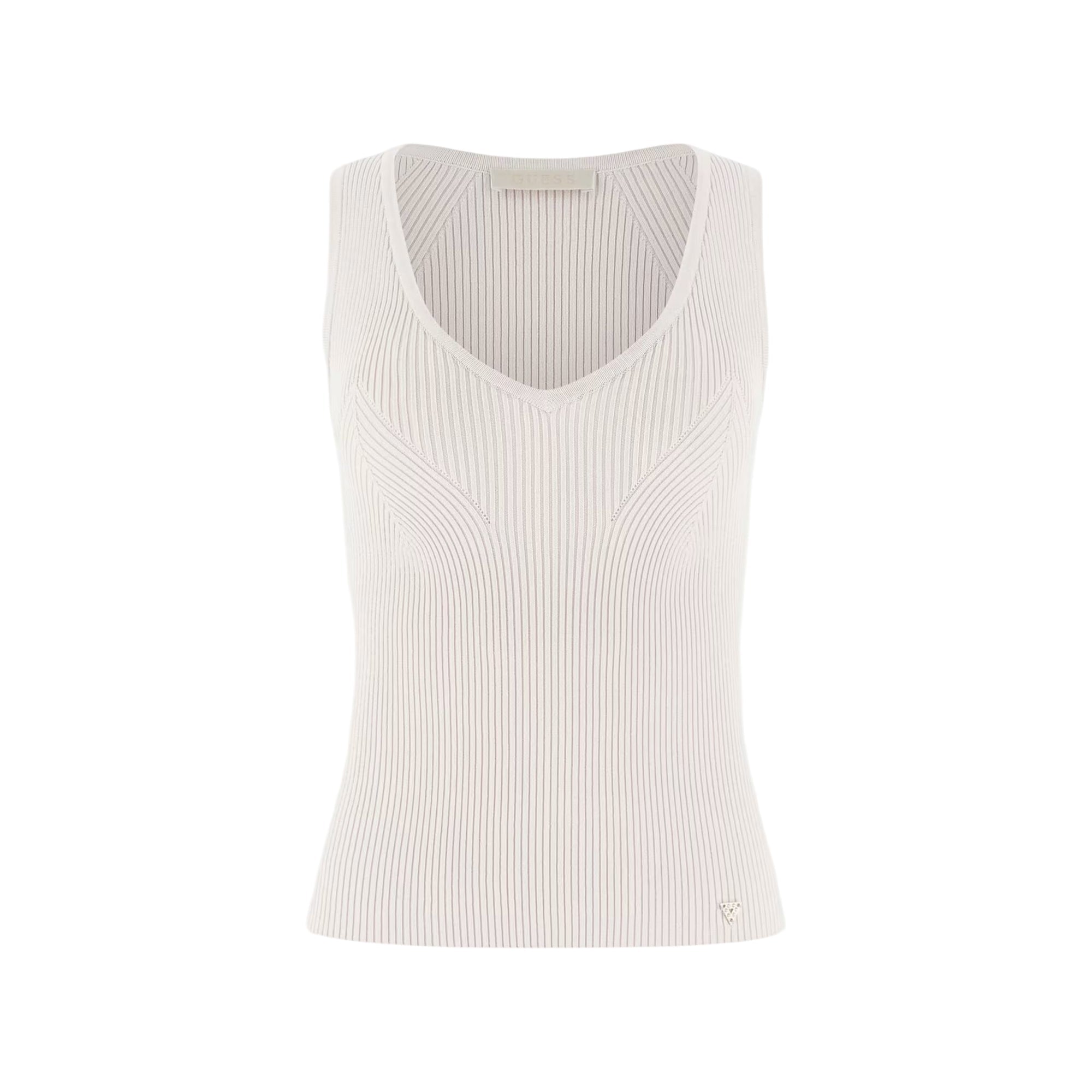 Top donna a costine scollo V Bianco