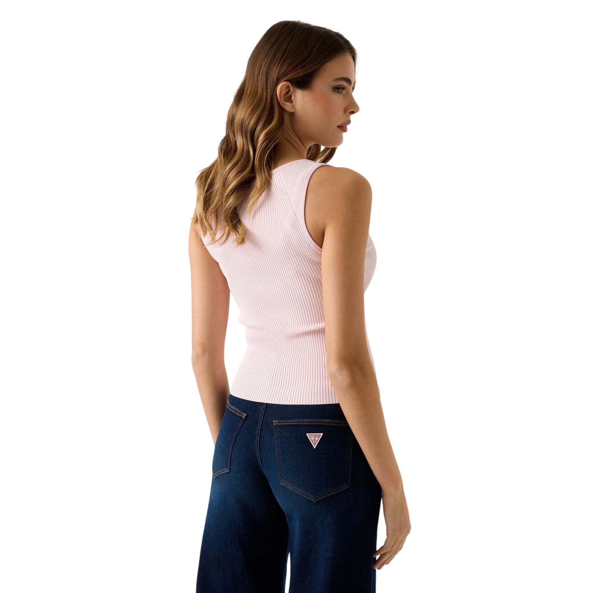 Top donna a costine scollo V Rosa modella retro