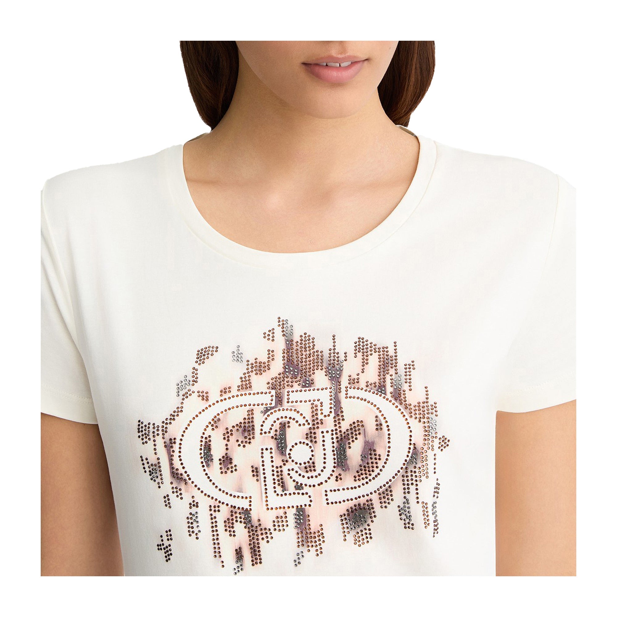 T-shirt Donna logo animalier con strass modella frontale ravvicinata