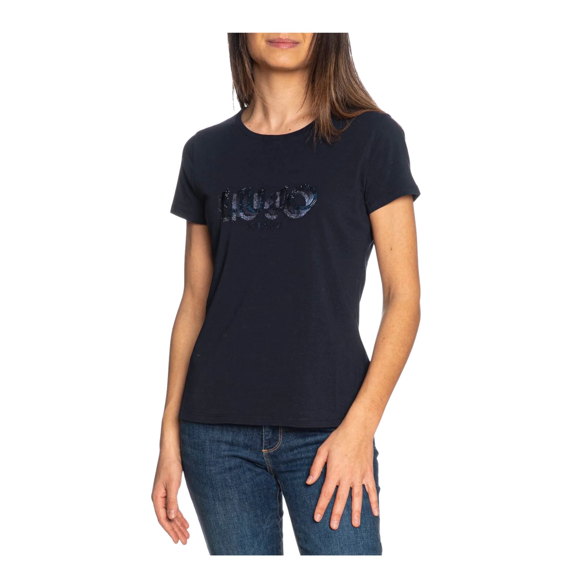 T-shirt Blu da Donna slim con logo strass modella frontale