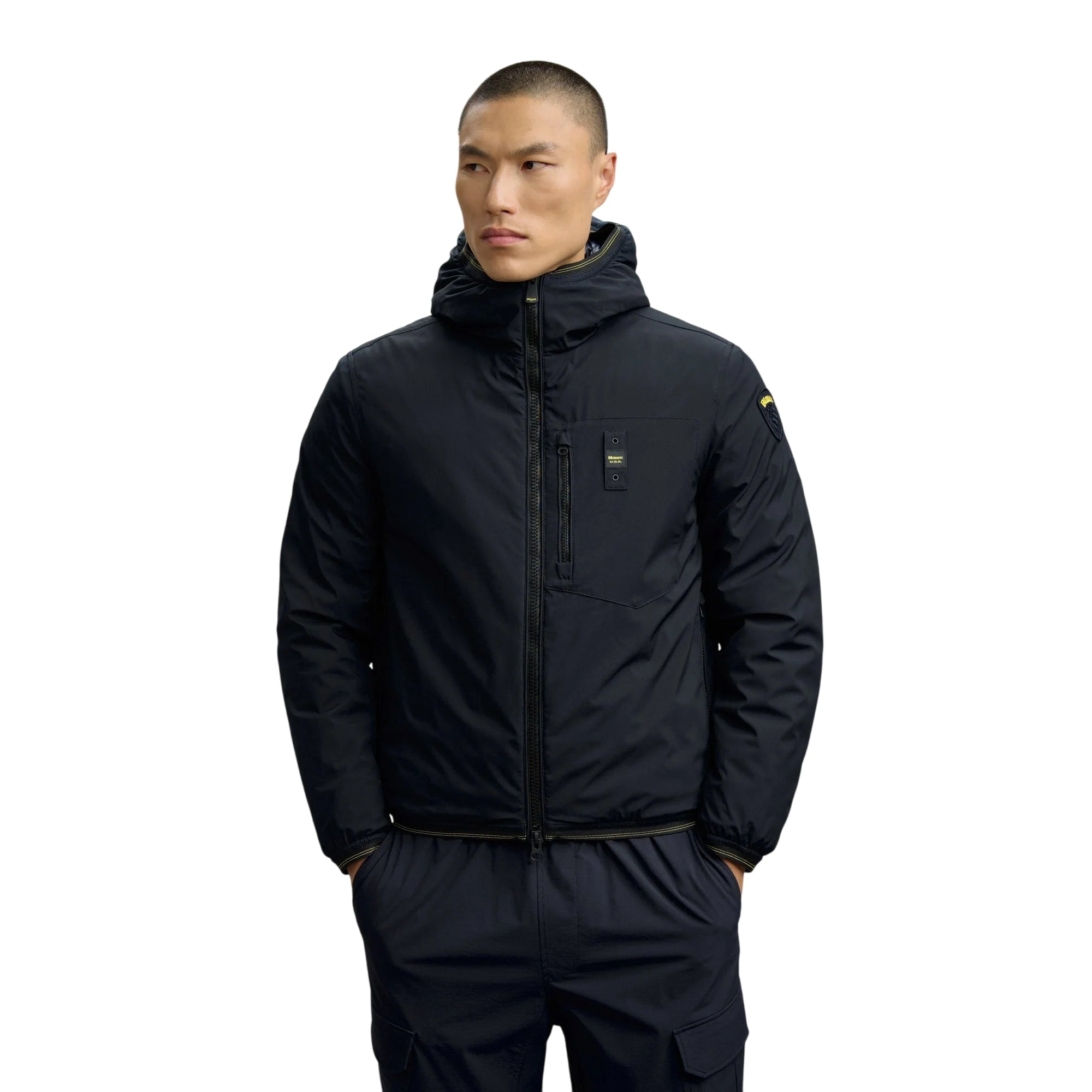 Piumino Uomo Derry in neoprene con taschino blu modello frontale