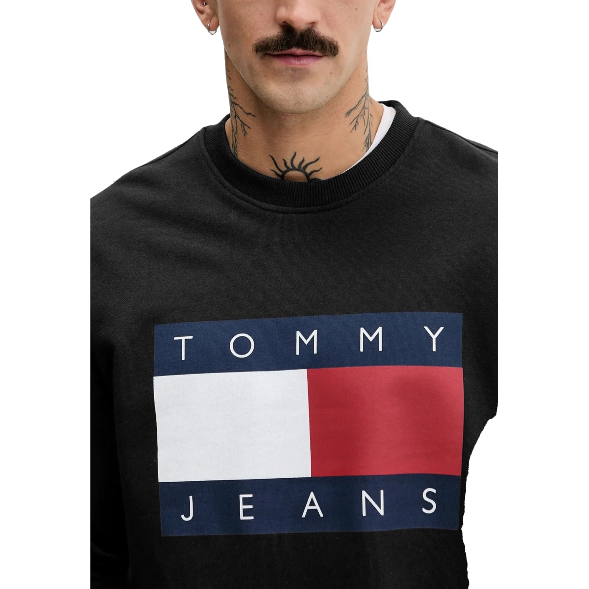 TOMMY HILFIGER Felpa Uomo Nera Cotone Organico Stampa Maniche Lunghe