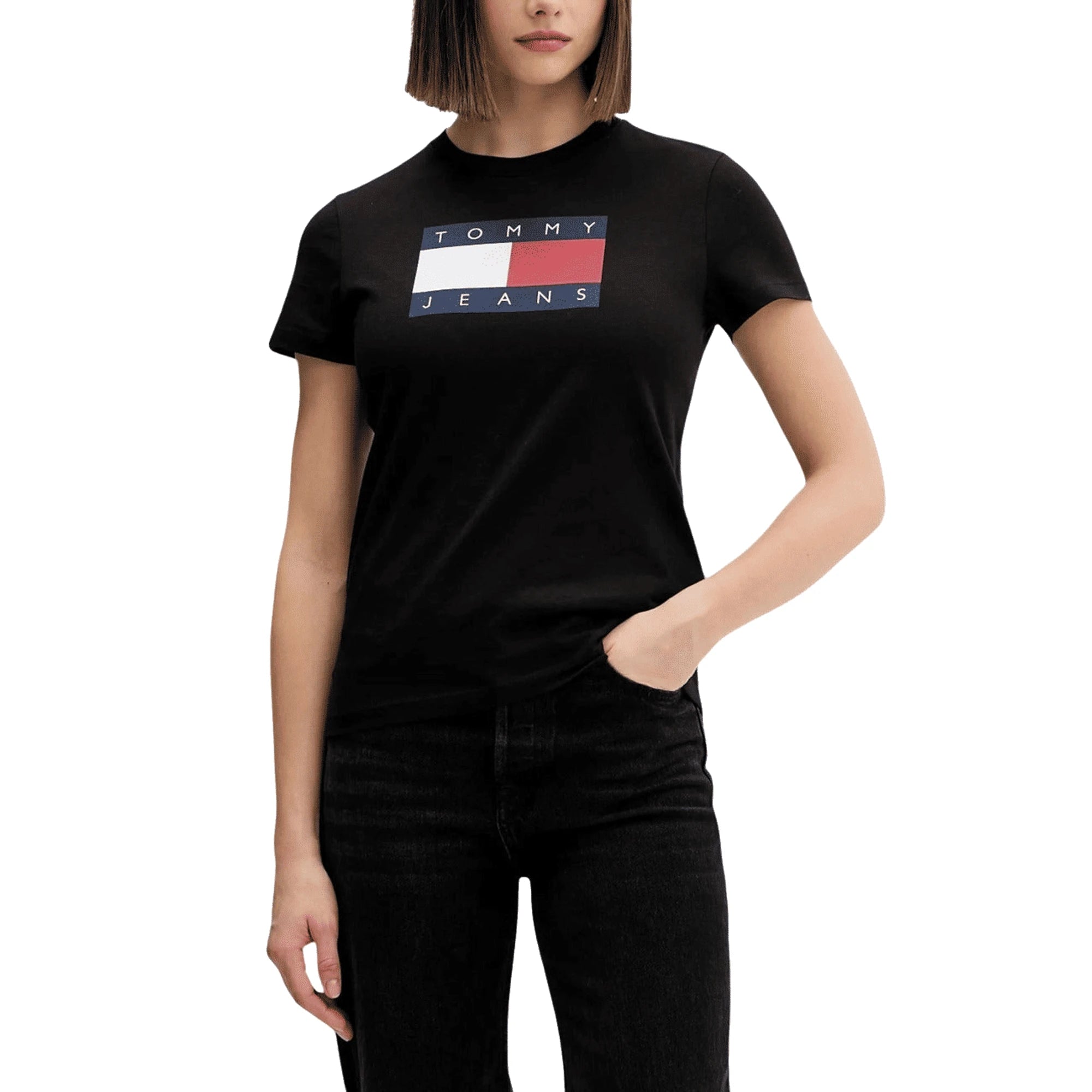 TOMMY HILFIGER Jeans T-Shirt Donna Nero Stampa Cotone Organico