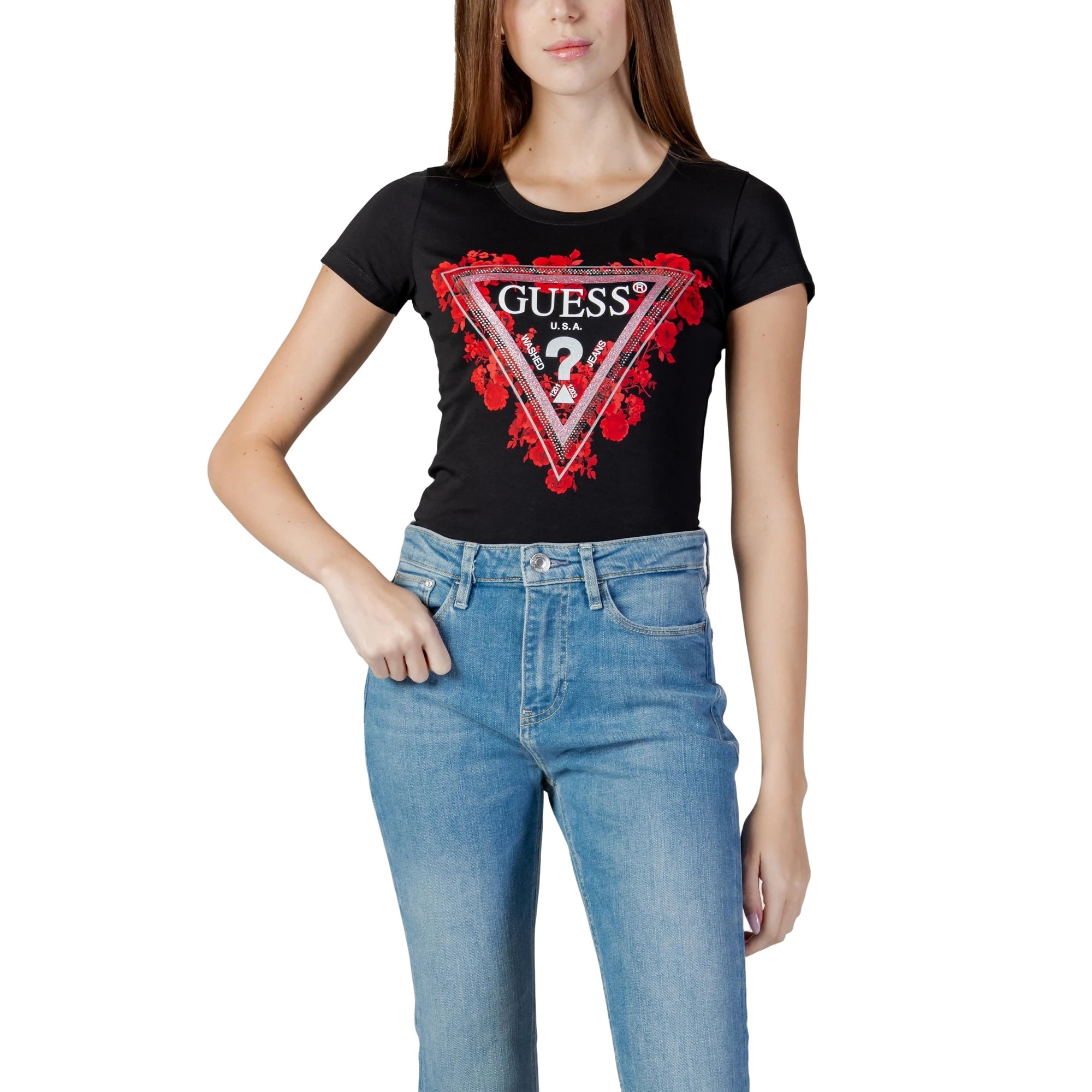 T-shirt Donna Nera SS CN FLOWERS TRIANGLE TEE