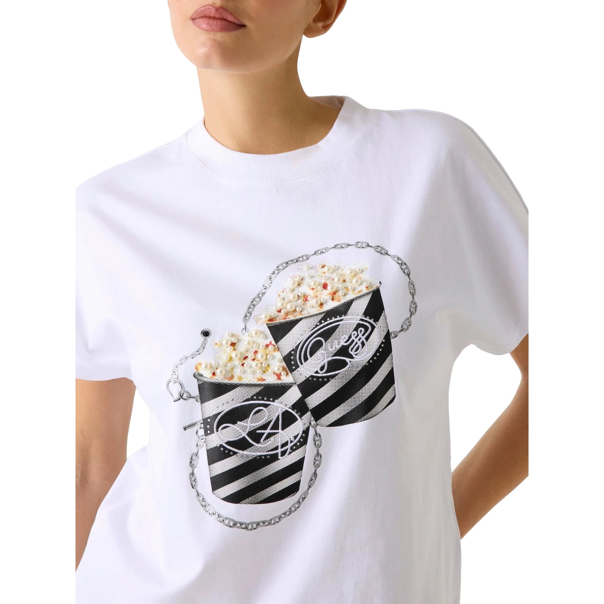 T-Shirt Donna Girocollo PopCorn con Perle e Strass