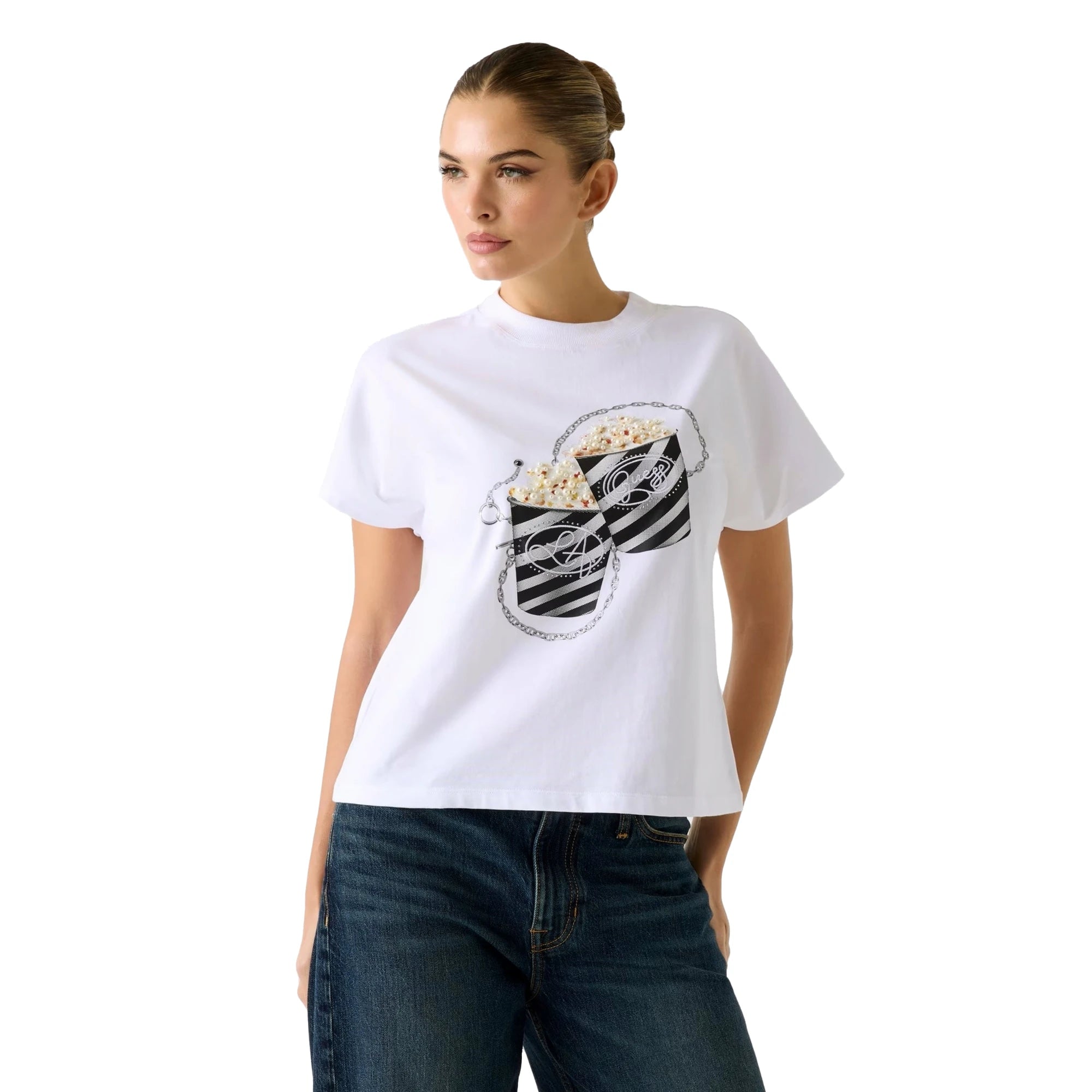 T-Shirt Donna Girocollo PopCorn con Perle e Strass