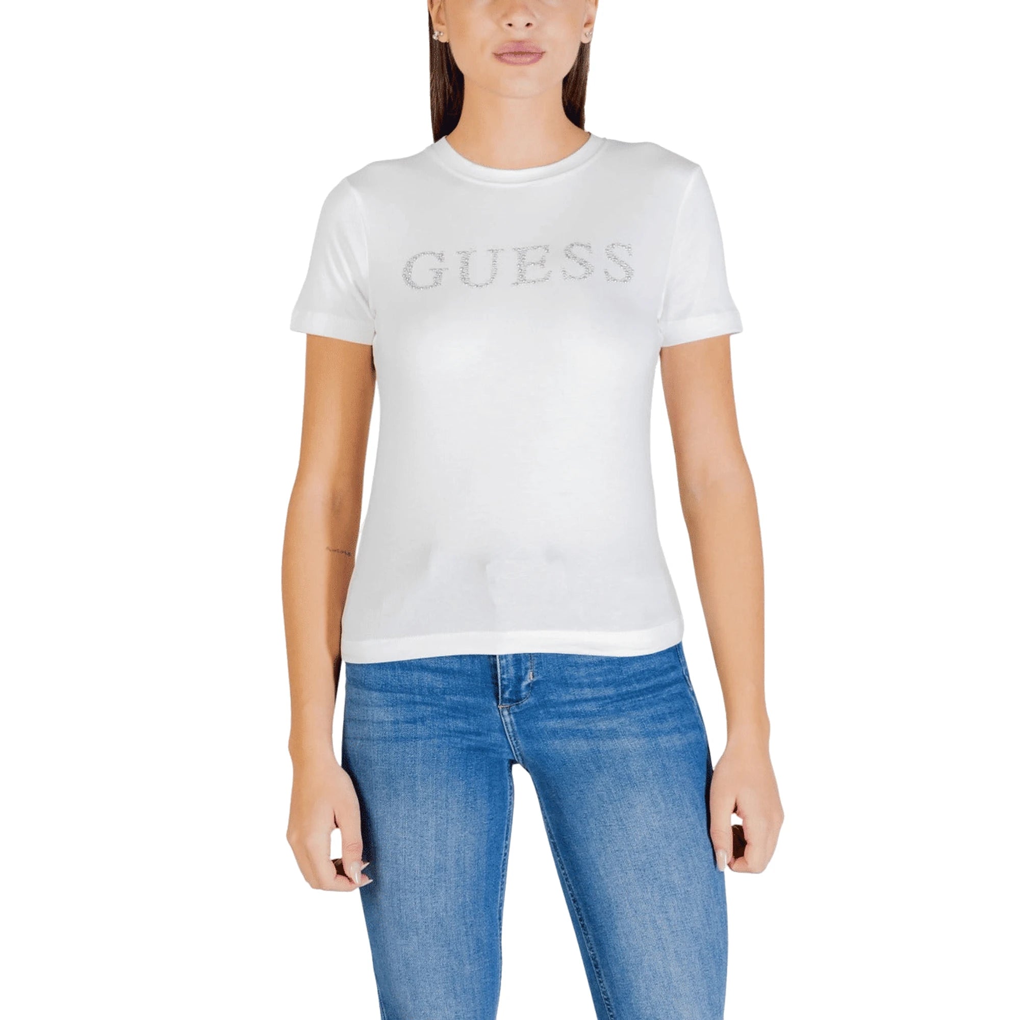 T-Shirt Donna Bianca Scollo Tondo con Paillettes
