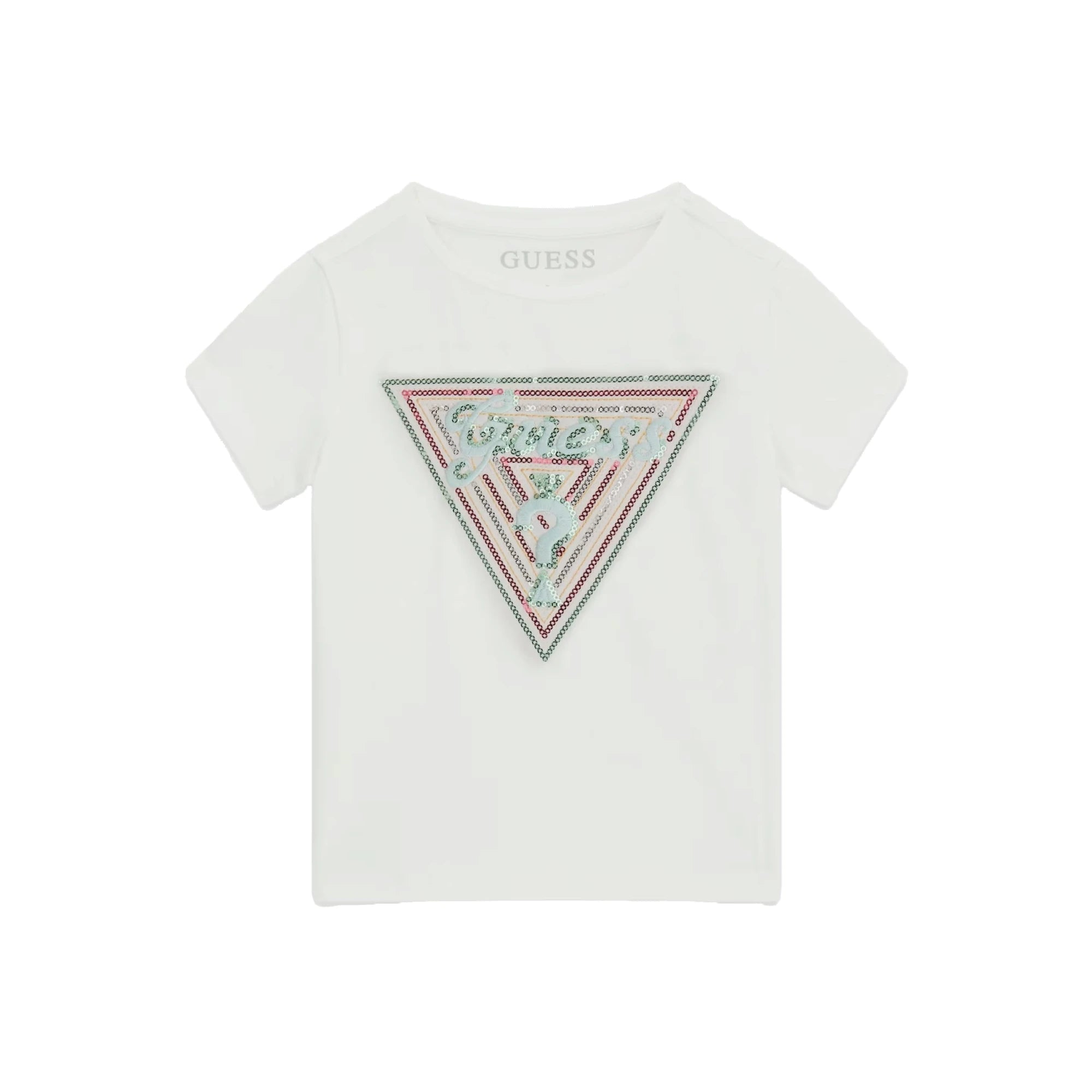 GUESS T-Shirt in Cotone Bianco da Bambina con Logo Paillettes