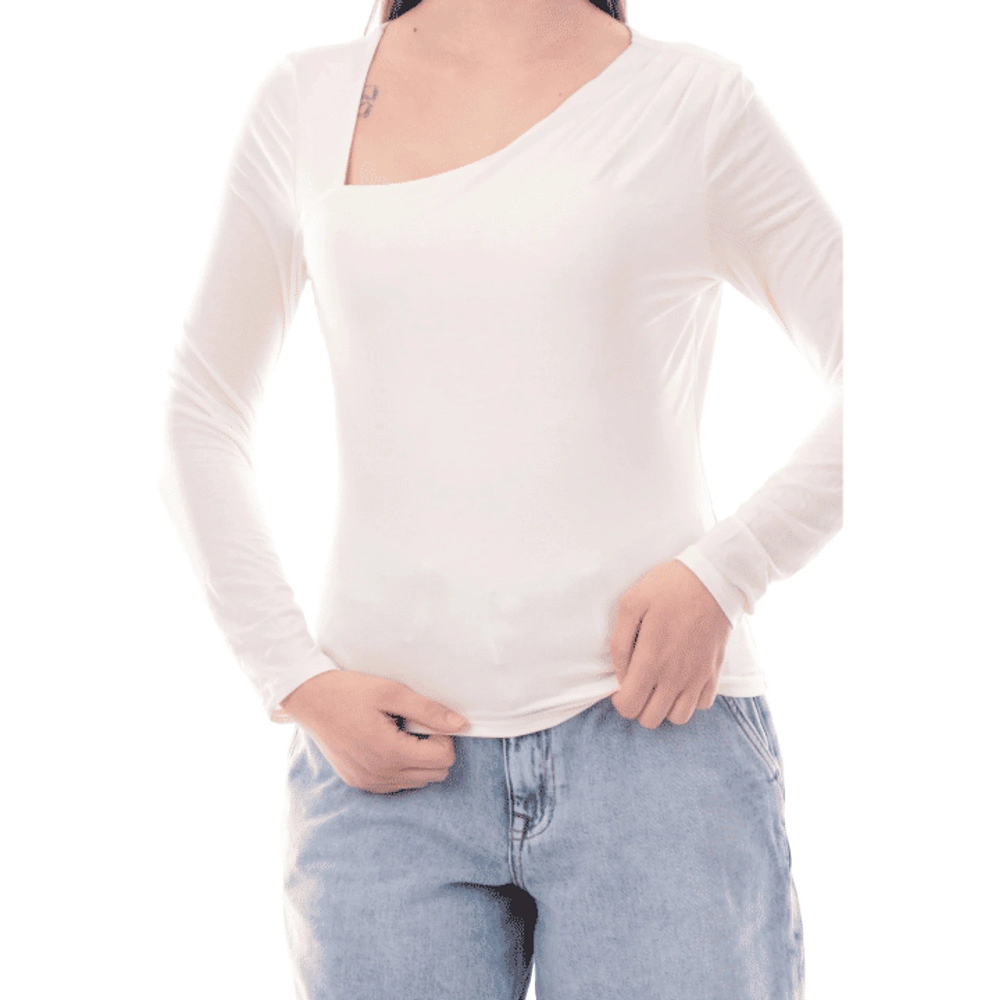 GUESS Maglia Bianca da Donna a Maniche Lunghe con Scollatura