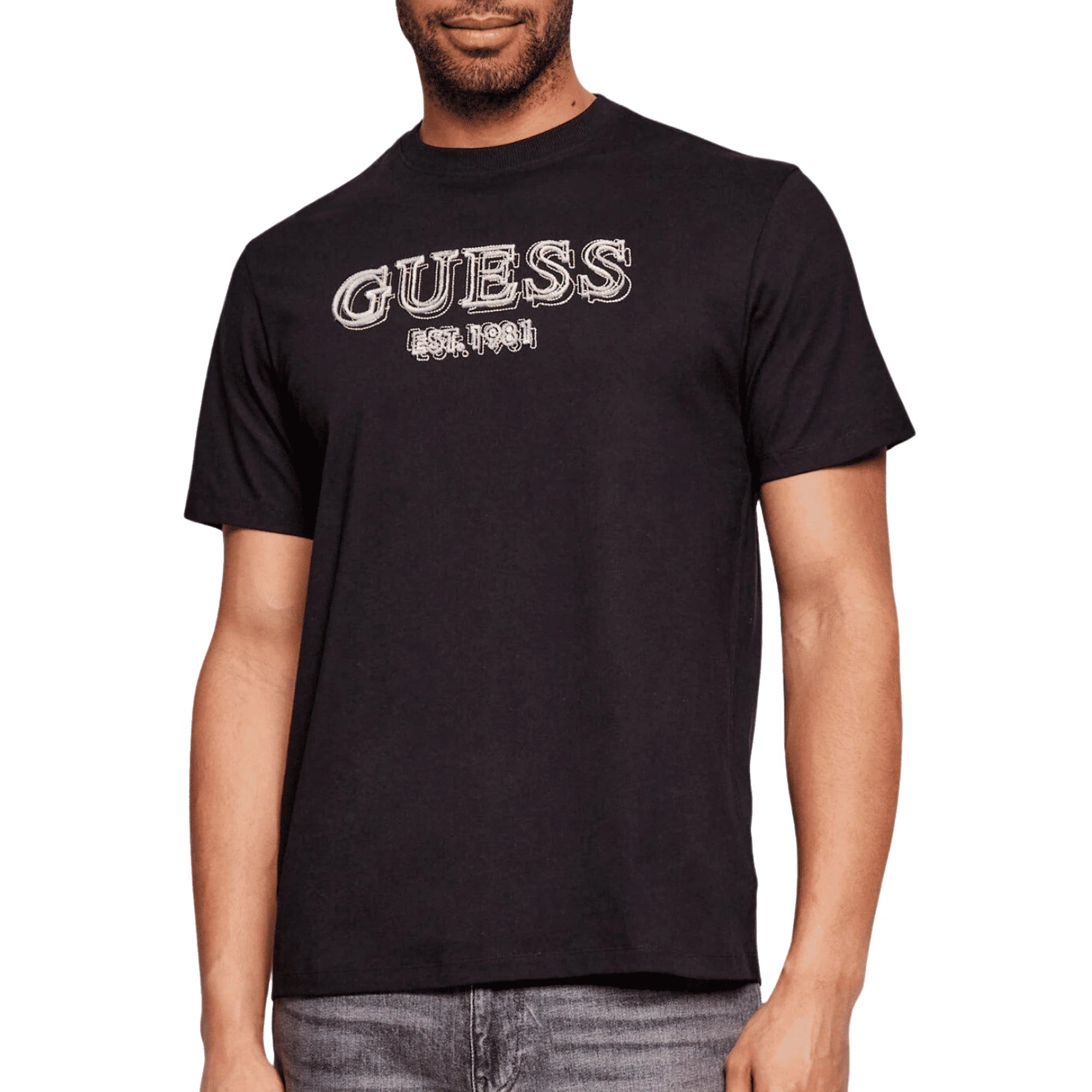 GUESS T-shirt Nera Regular da uomo con Logo in Rilievo