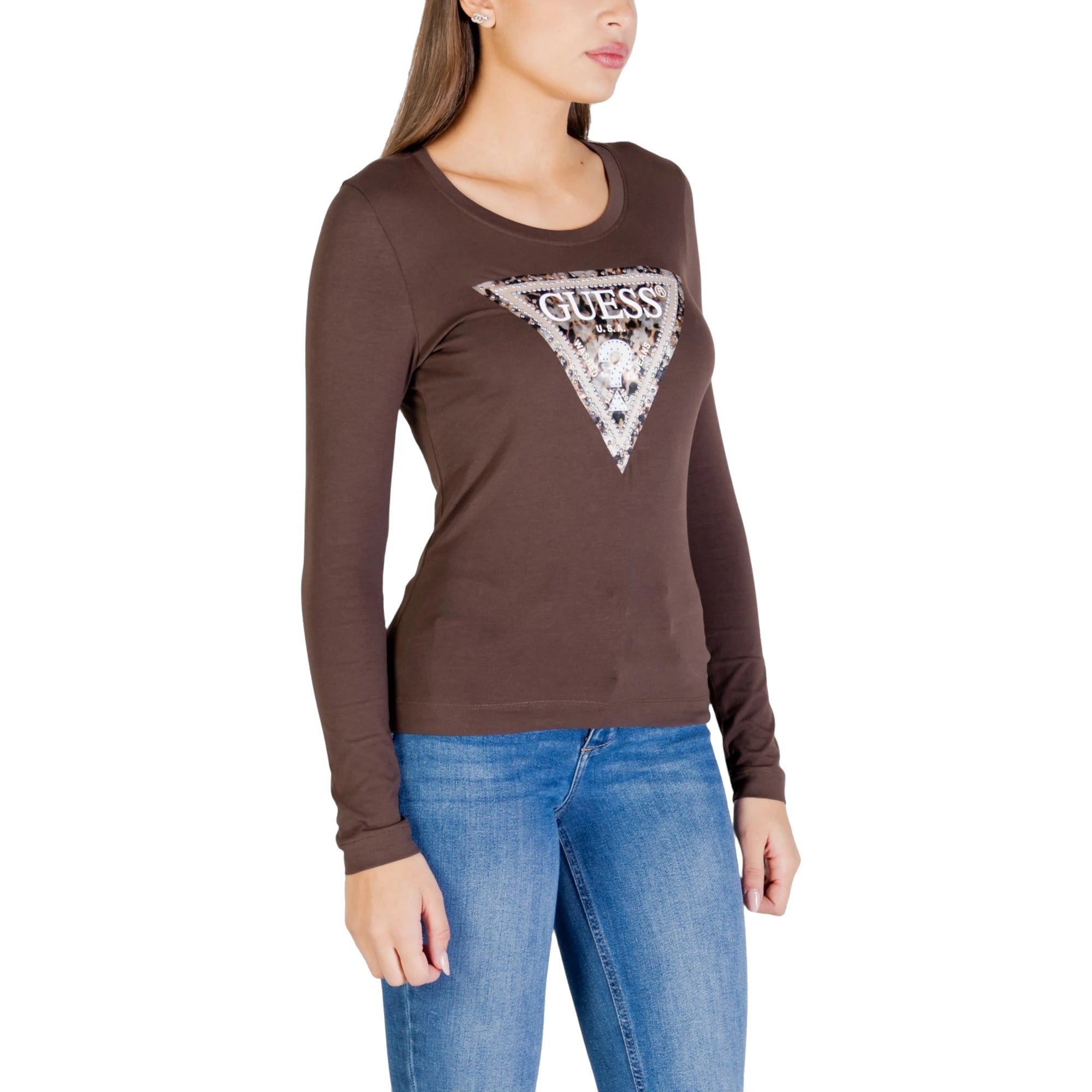 GUESS Maglia da Donna a Manica Lunga in Marrone Con Logo