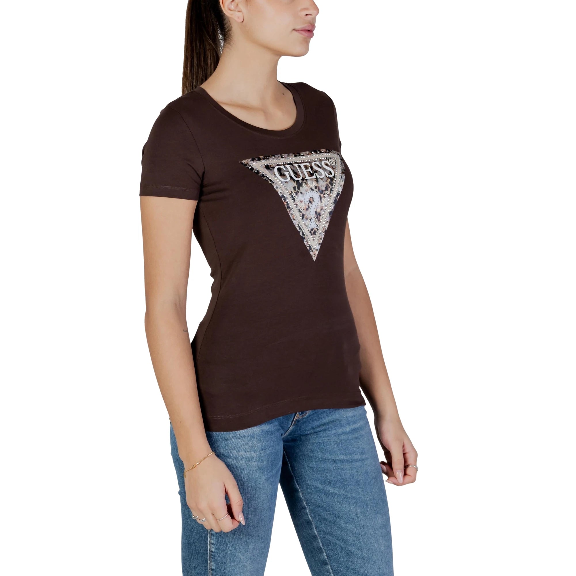 GUESS T-shirt da Donna LEO TRIANGLE TEE in Cotone Marrone
