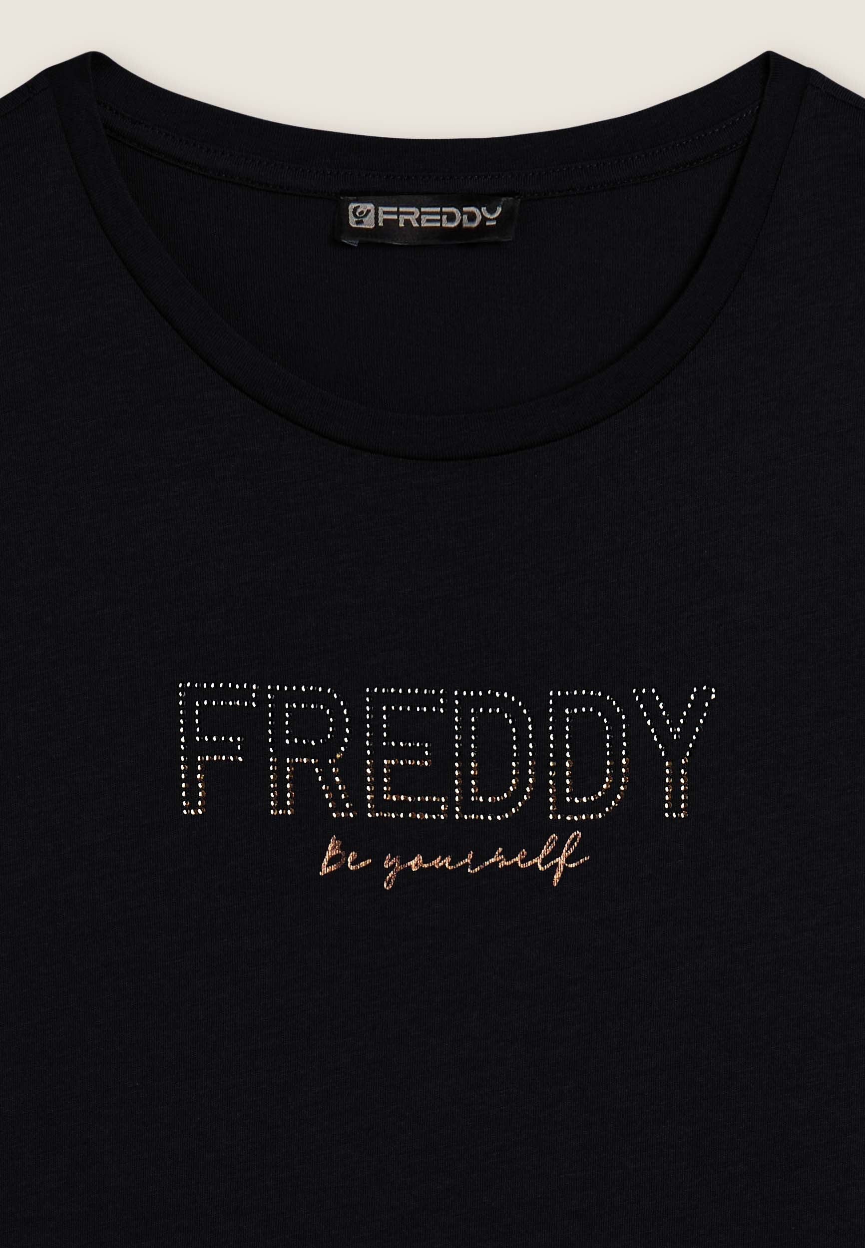 T-shirt Donna con mini spacchi laterali e logo in strass