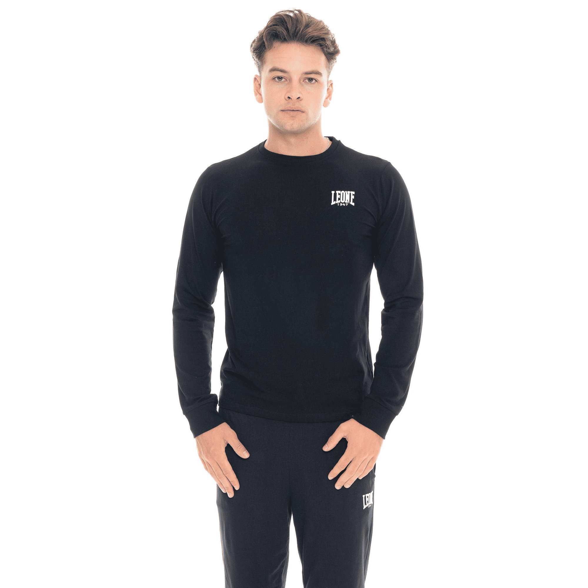 T-shirt da uomo in cotone elasticizzato a manica lunga con logo grande "Basic"